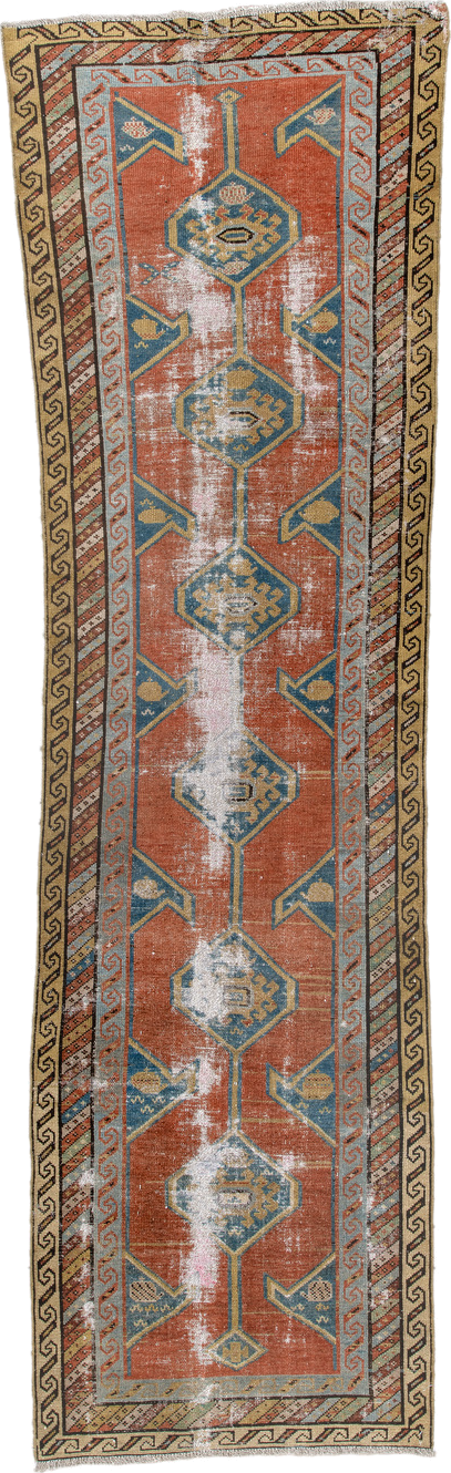 2' x 10' one-of-a-kind handmade antique NW Persian runner rug. Color palette: terra cotta, blue, ivory, camel, taupe, sage