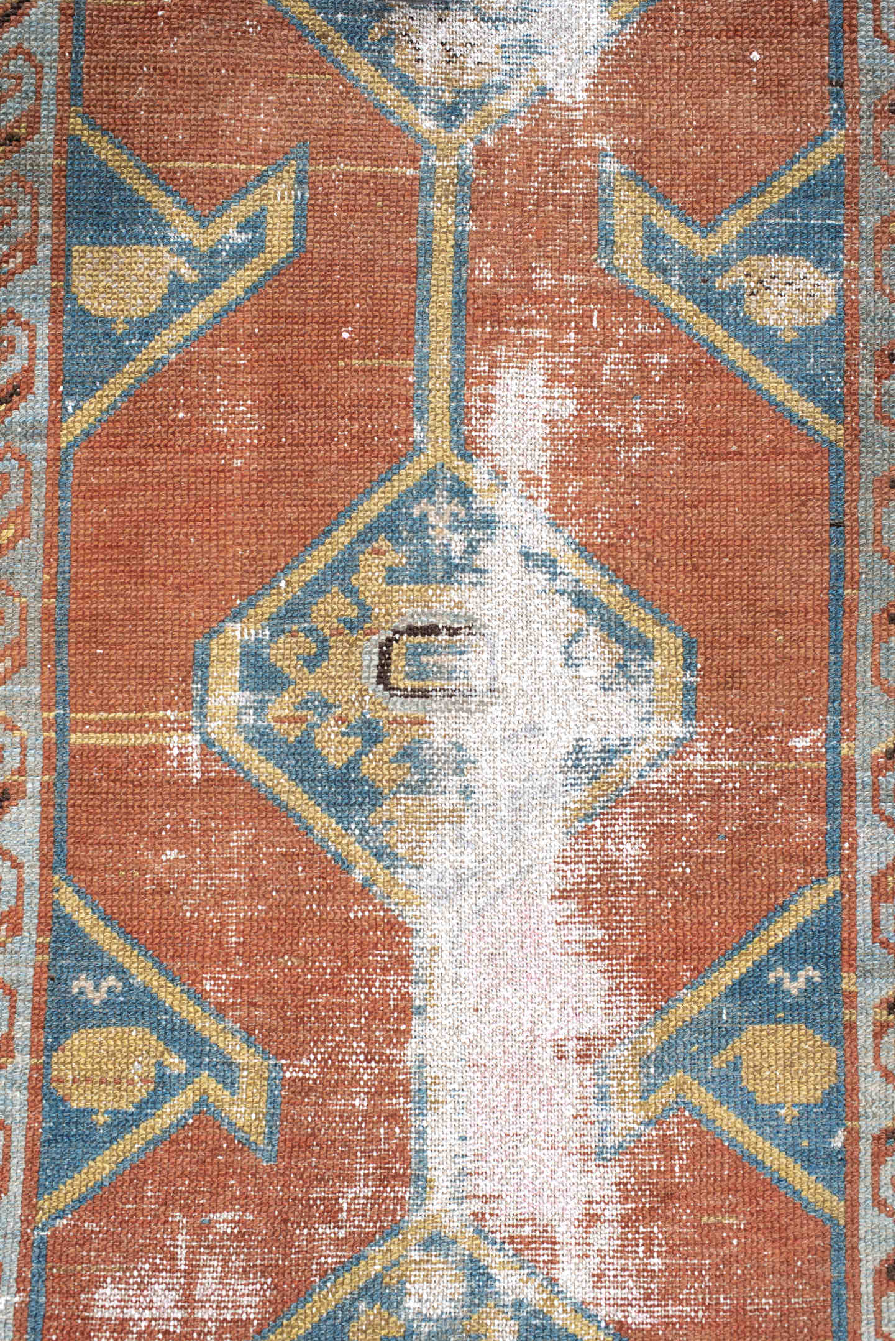 2' x 10' one-of-a-kind handmade antique NW Persian runner rug. Color palette: terra cotta, blue, ivory, camel, taupe, sage