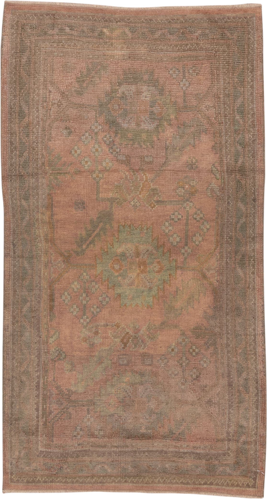 3' x 6' one-of-a-kind handmade antique Oushak small size rug. Color palette: rose, taupe, sage, ivory, ochre, terra cotta