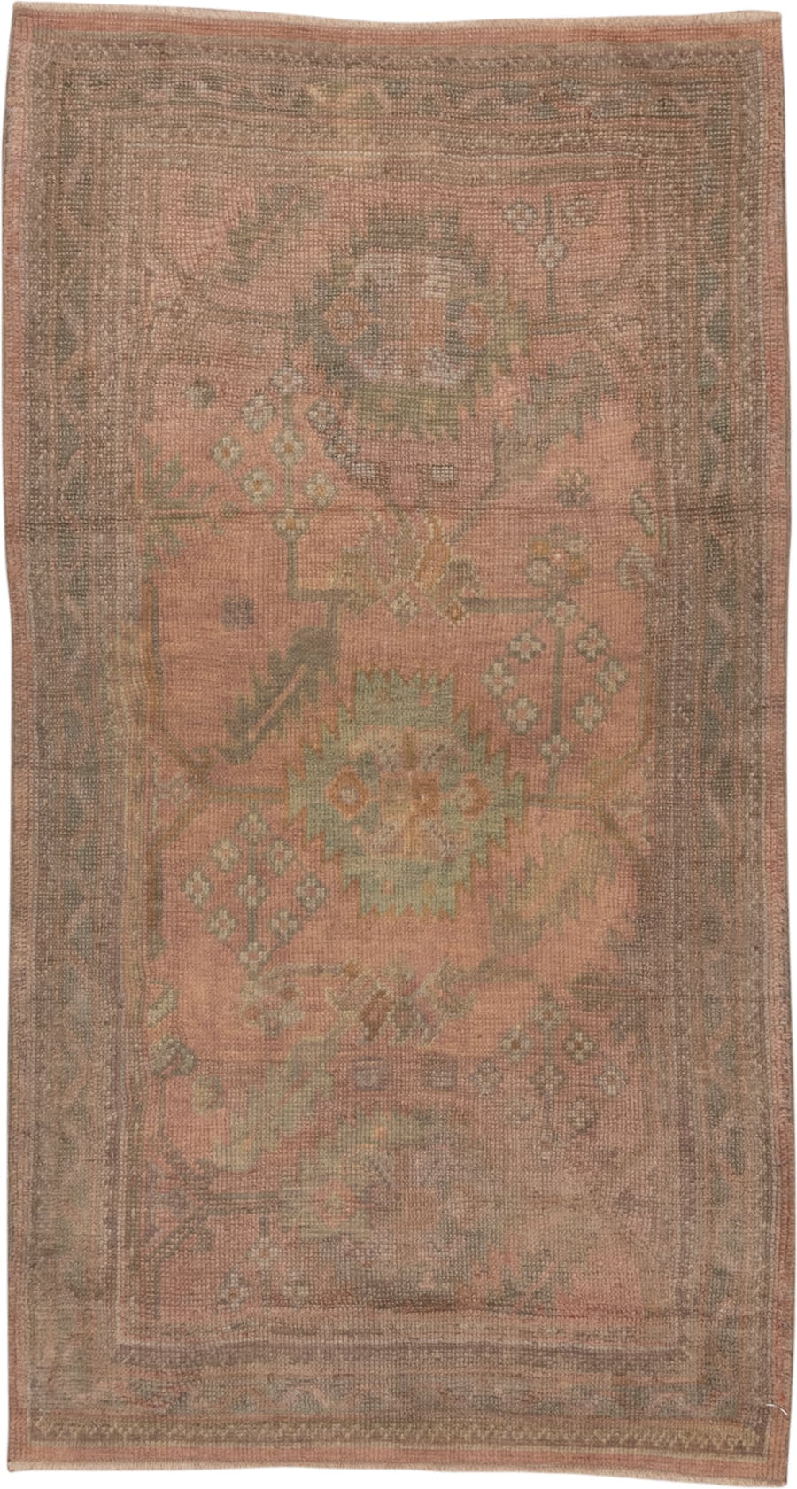 3' x 6' one-of-a-kind handmade antique Oushak small size rug. Color palette: rose, taupe, sage, ivory, ochre, terra cotta