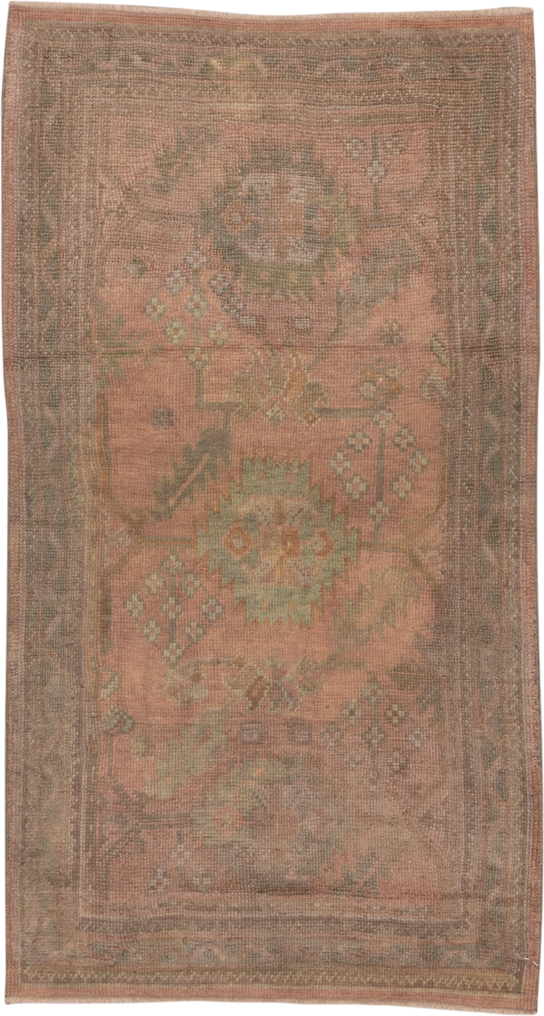 3' x 6' one-of-a-kind handmade antique Oushak small size rug. Color palette: rose, taupe, sage, ivory, ochre, terra cotta