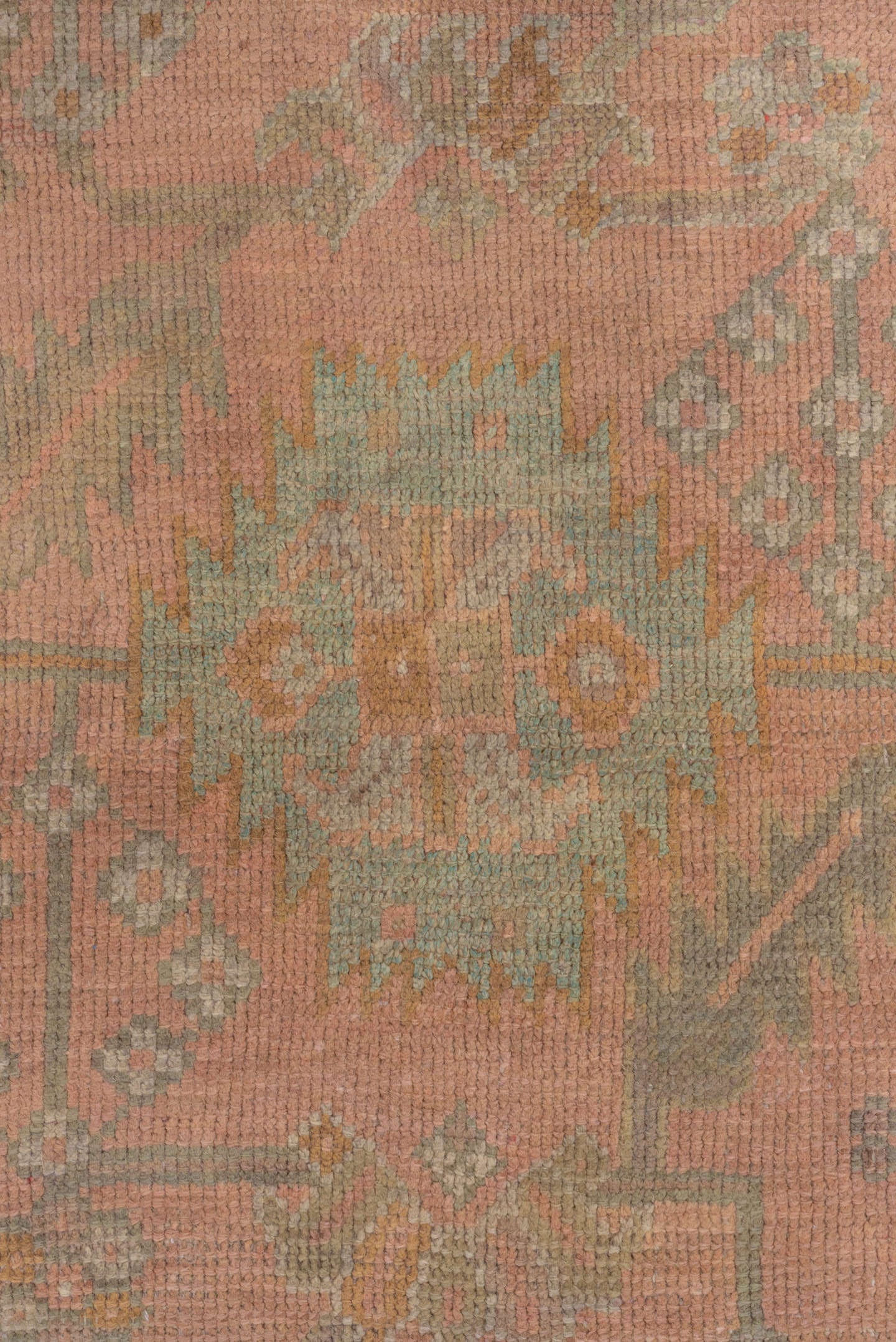 3' x 6' one-of-a-kind handmade antique Oushak small size rug. Color palette: rose, taupe, sage, ivory, ochre, terra cotta