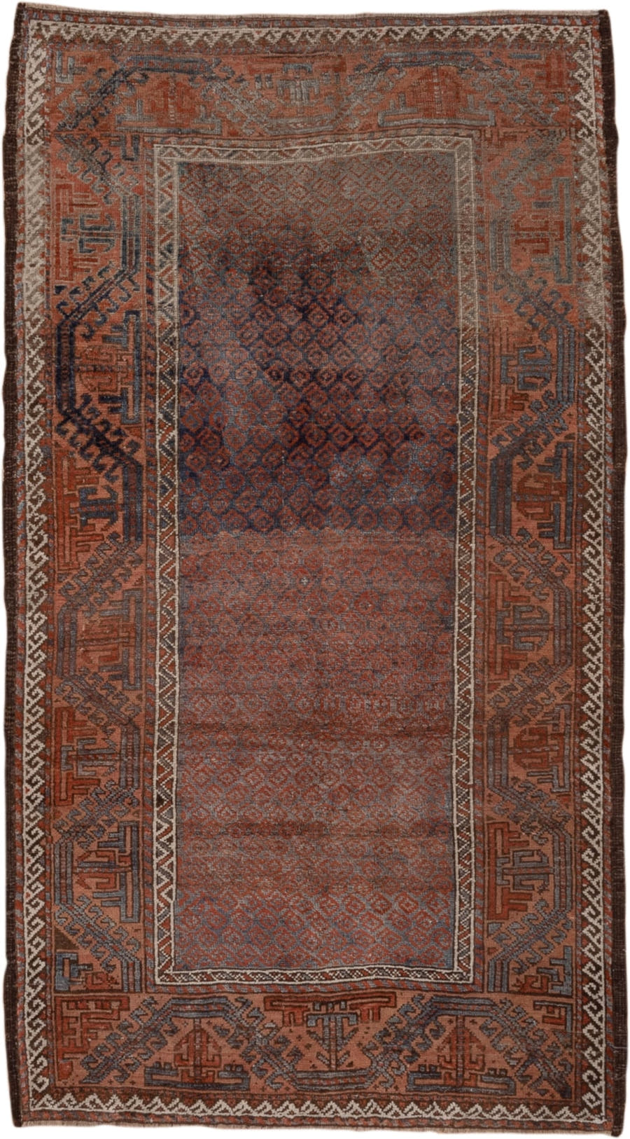 3' x 6' one-of-a-kind handmade antique Belouch small size rug. Color palette: rust, indigo, ivory, brown, charcoal