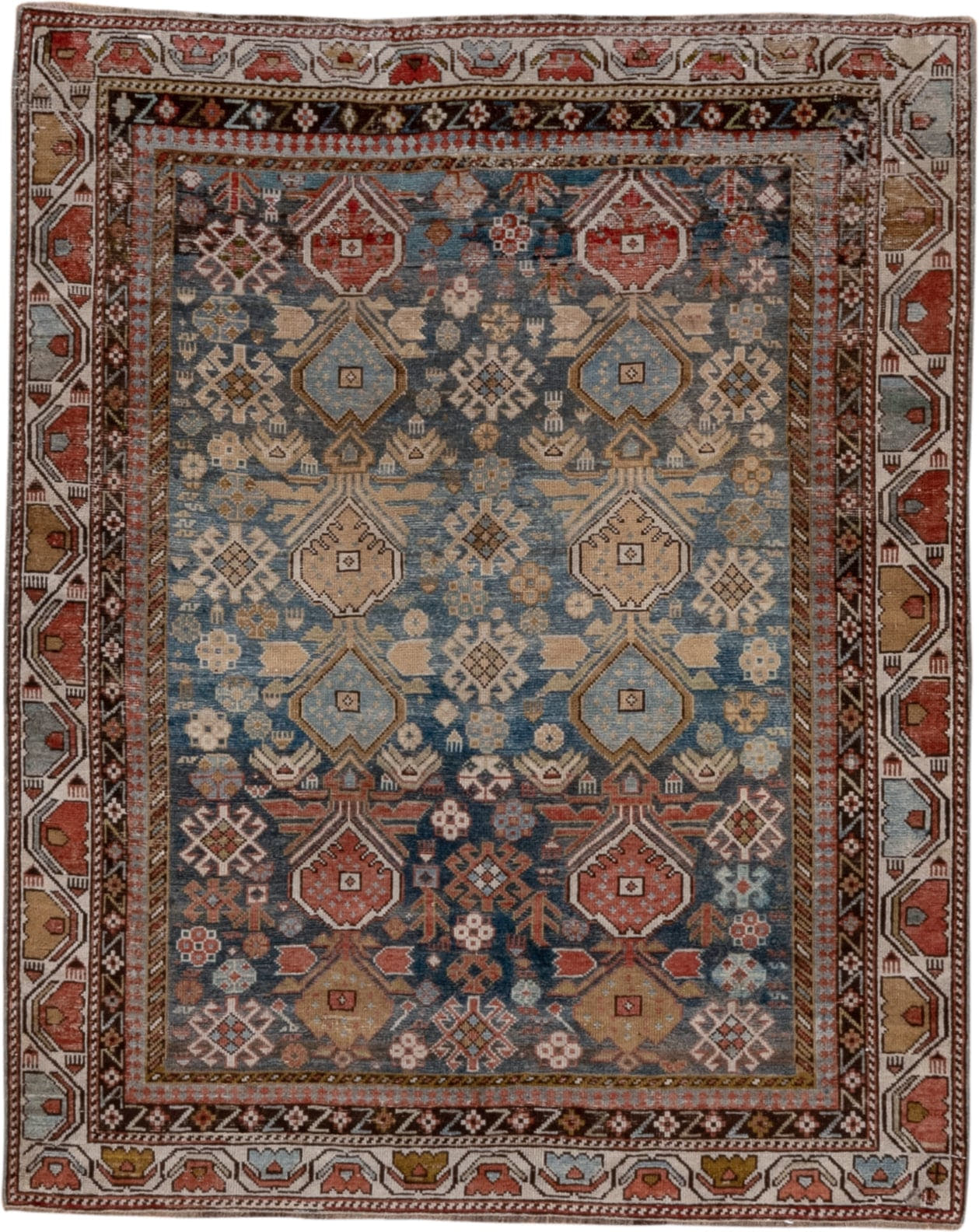 4' x 4' one-of-a-kind handmade antique Shirvan small size rug. Color palette: light blue, ivory, rust, brown, camel, navy
