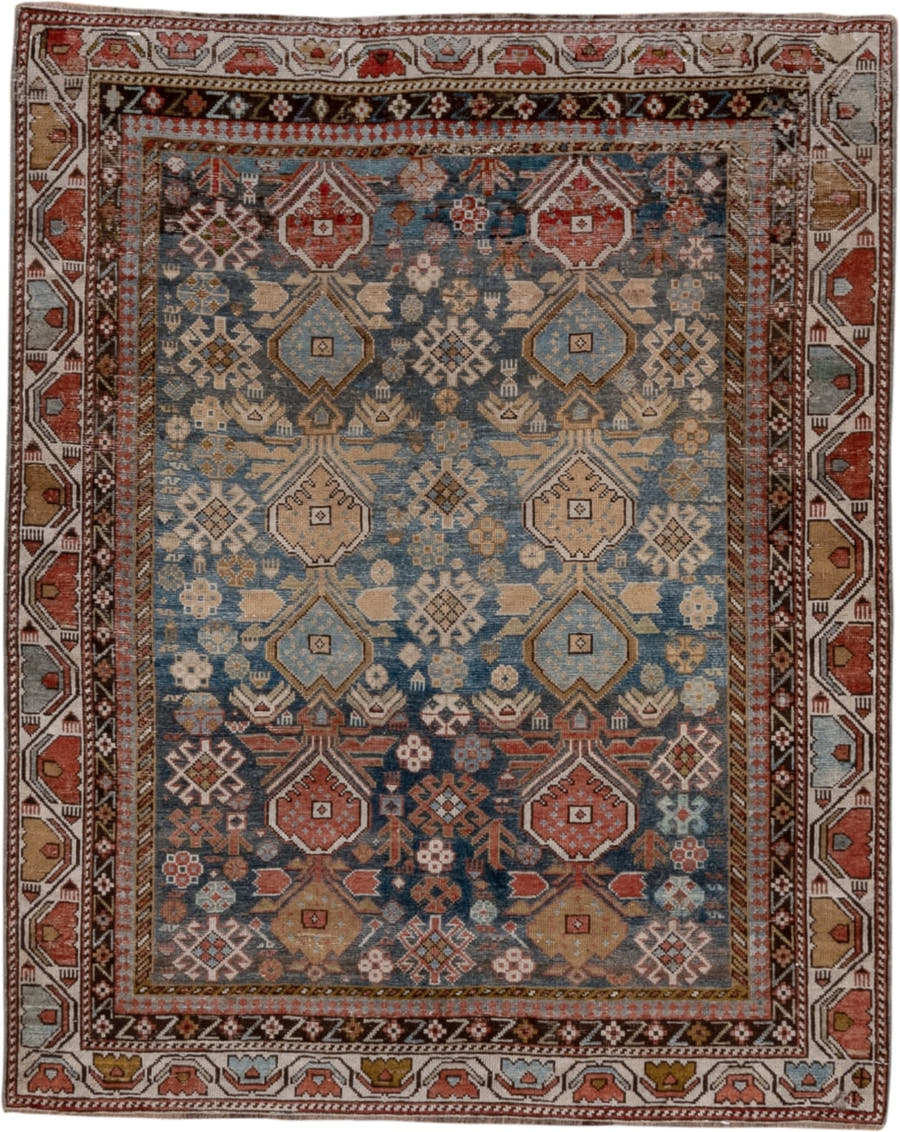 4' x 4' one-of-a-kind handmade antique Shirvan small size rug. Color palette: light blue, ivory, rust, brown, camel, navy