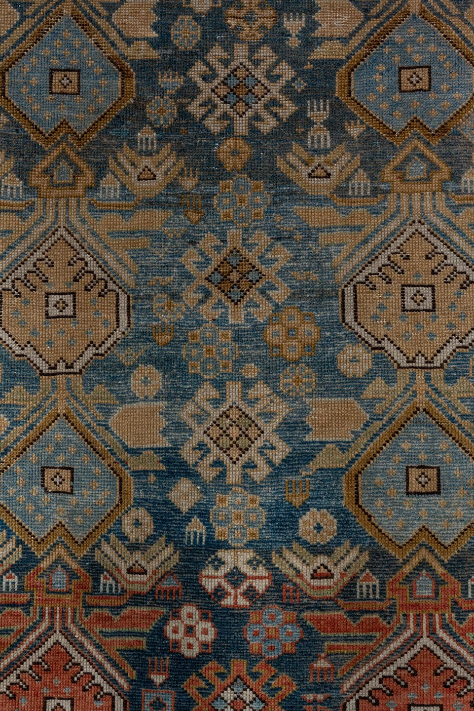 4' x 4' one-of-a-kind handmade antique Shirvan small size rug. Color palette: light blue, ivory, rust, brown, camel, navy