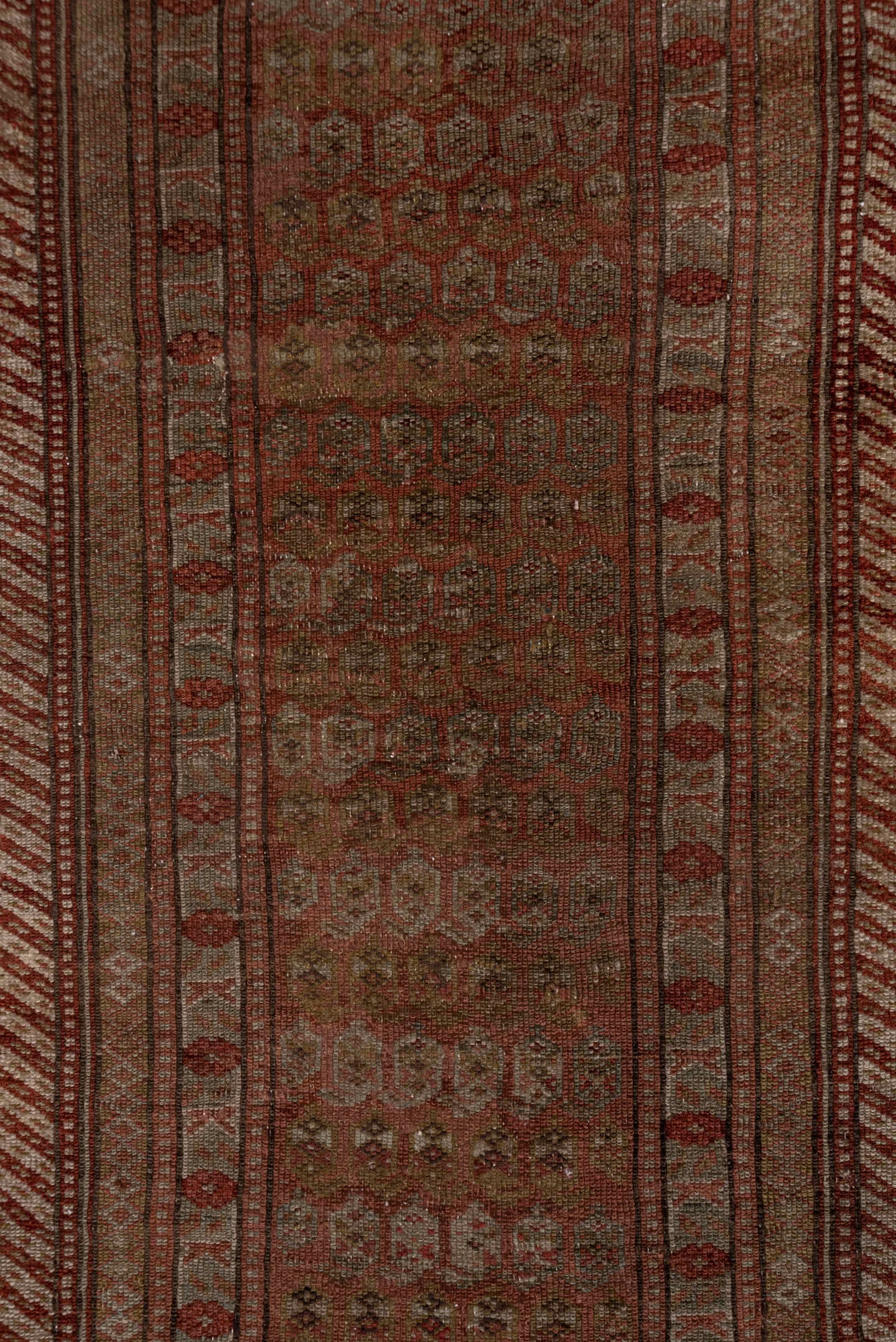 2' x 17' one-of-a-kind handmade antique NW Persian runner rug. Color palette: rust, camel, terra cotta, brown, taupe, ivory