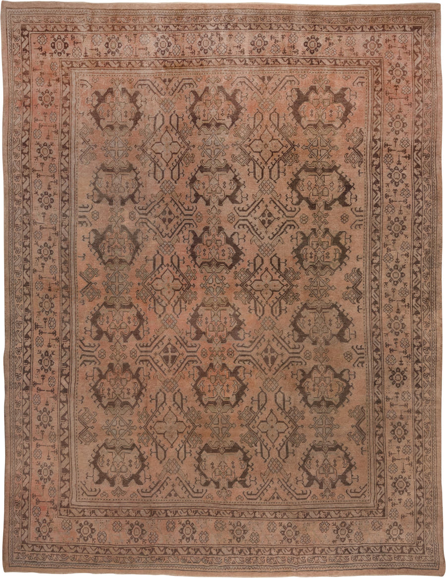 13' x 17' one-of-a-kind handmade antique Oushak oversize rug. Color palette: taupe, blush, brown, camel, rose, charcoal
