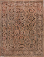 13' x 17' one-of-a-kind handmade antique Oushak oversize rug. Color palette: taupe, blush, brown, camel, rose, charcoal