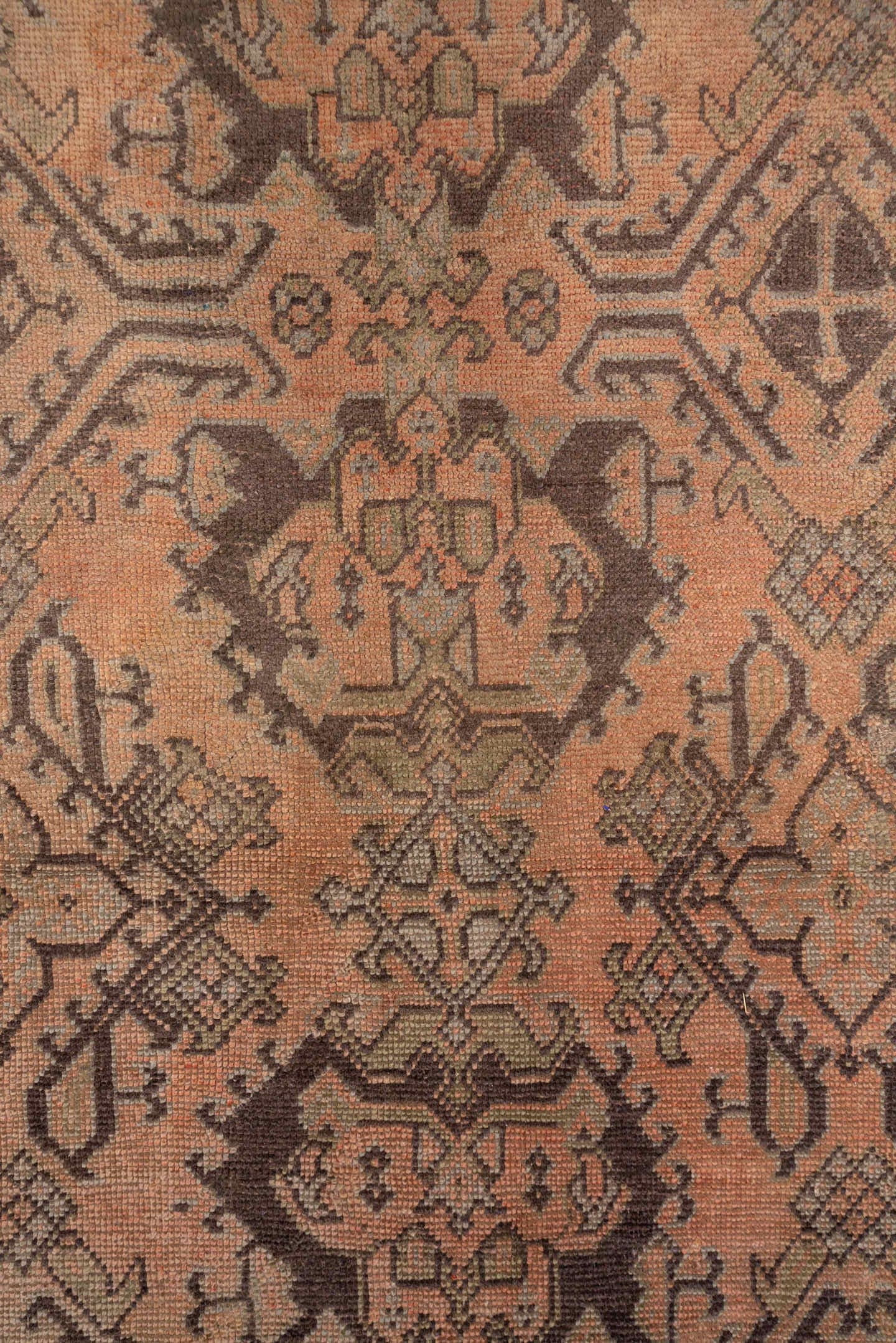 13' x 17' one-of-a-kind handmade antique Oushak oversize rug. Color palette: taupe, blush, brown, camel, rose, charcoal