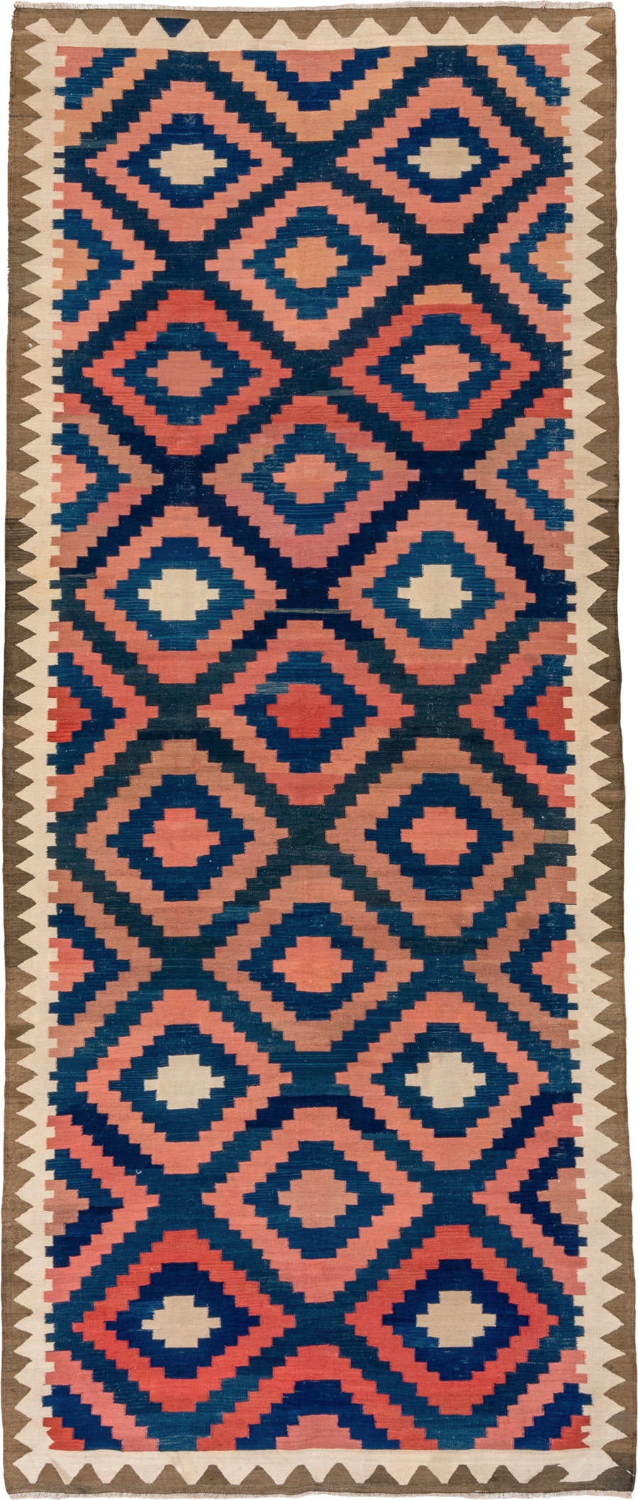 4' x 10' one-of-a-kind handmade antique Kilim runner rug. Color palette: navy, coral, ivory, taupe, rust, blue, terracotta