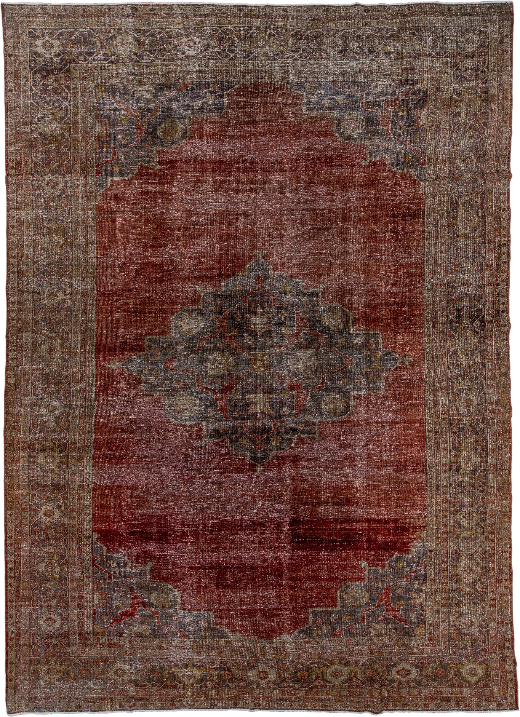 10' x 14' one-of-a-kind handmade antique Mahal large size rug. Color palette: terra cotta, slate, taupe, ivory, rust