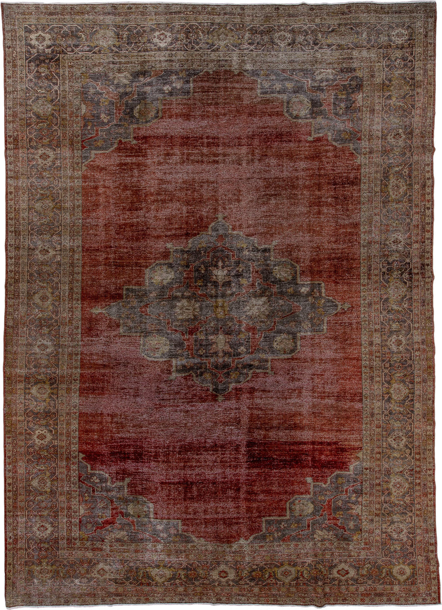 10' x 14' one-of-a-kind handmade antique Mahal large size rug. Color palette: terra cotta, slate, taupe, ivory, rust
