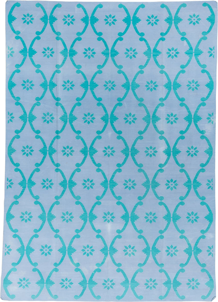 7' x 10' one-of-a-kind handmade vintage Dhurrie large size rug. Color palette: pale blue, turquoise, aqua, light blue, teal