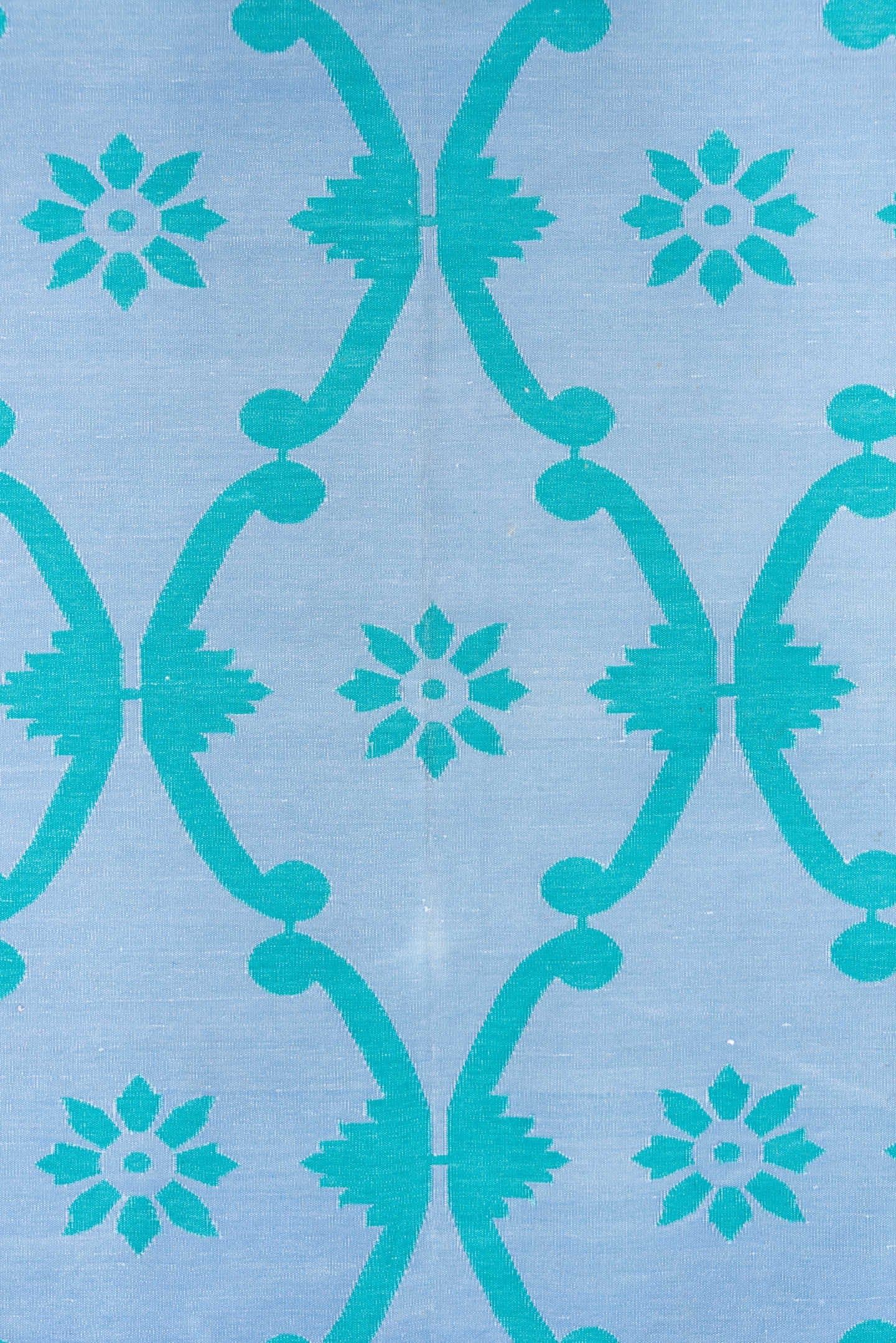 7' x 10' one-of-a-kind handmade vintage Dhurrie large size rug. Color palette: pale blue, turquoise, aqua, light blue, teal
