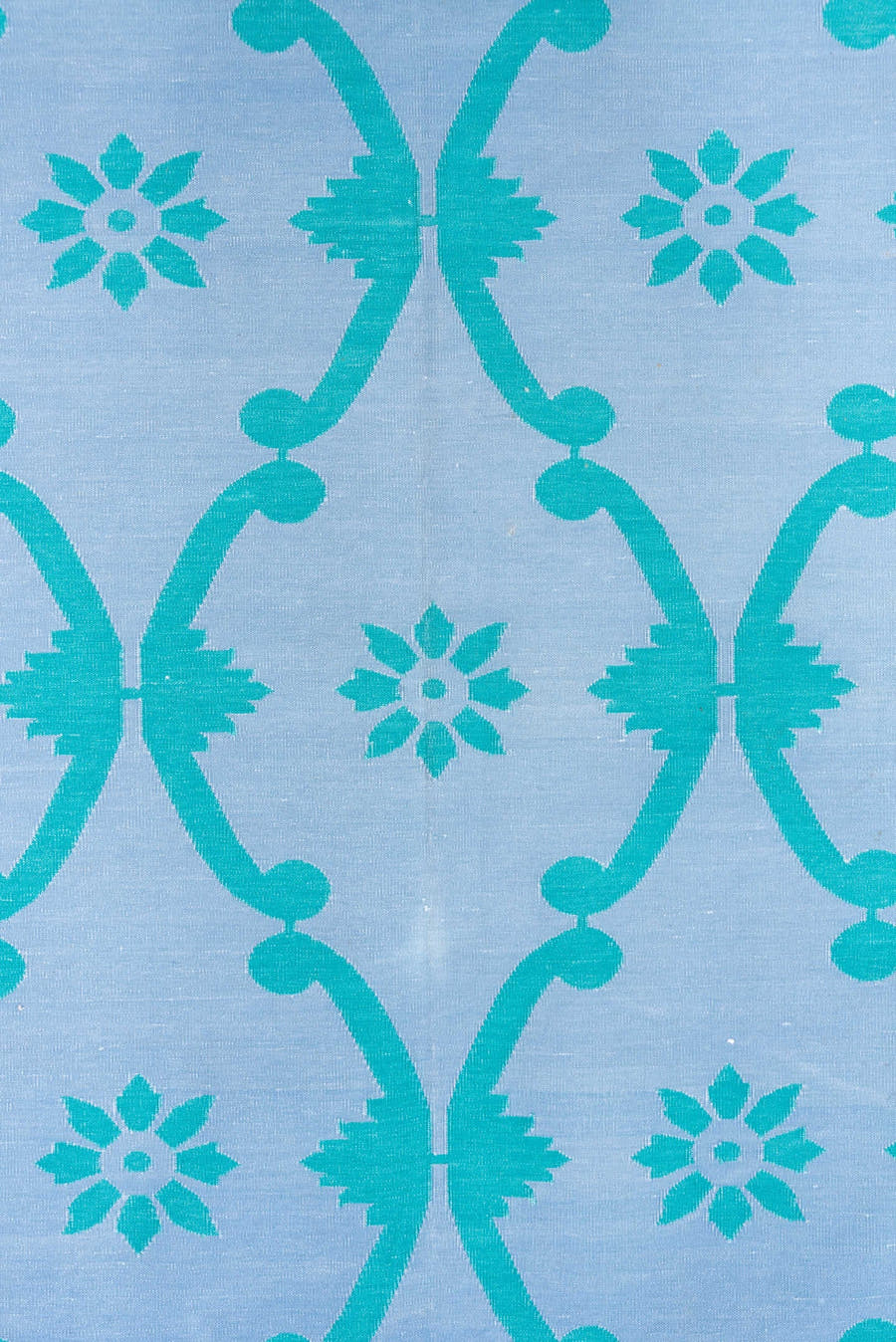 7' x 10' one-of-a-kind handmade vintage Dhurrie large size rug. Color palette: pale blue, turquoise, aqua, light blue, teal