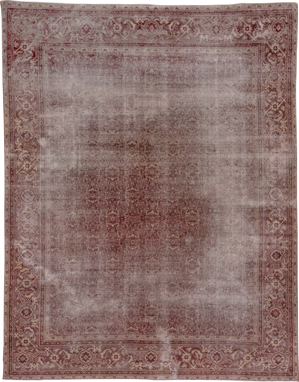 10' x 12' one-of-a-kind handmade vintage Amritzar large size rug. Color palette: brown, gray, pink, red, redwood