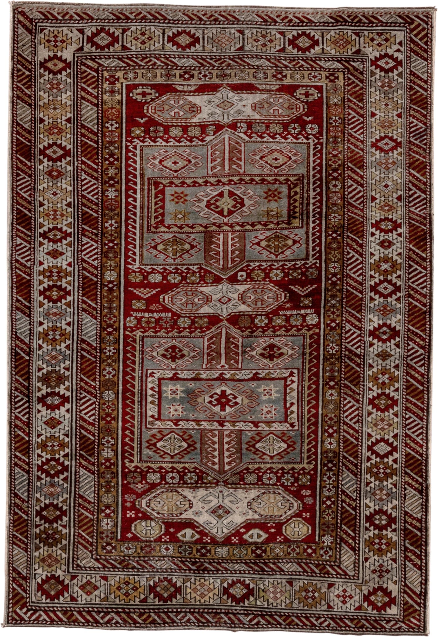 4' x 6' one-of-a-kind handmade antique Shirvan small size rug. Color palette: rust, ivory, burgundy, camel, taupe, gold