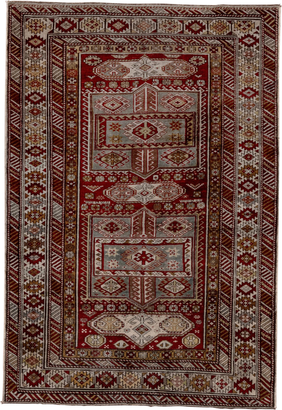 4' x 6' one-of-a-kind handmade antique Shirvan small size rug. Color palette: rust, ivory, burgundy, camel, taupe, gold