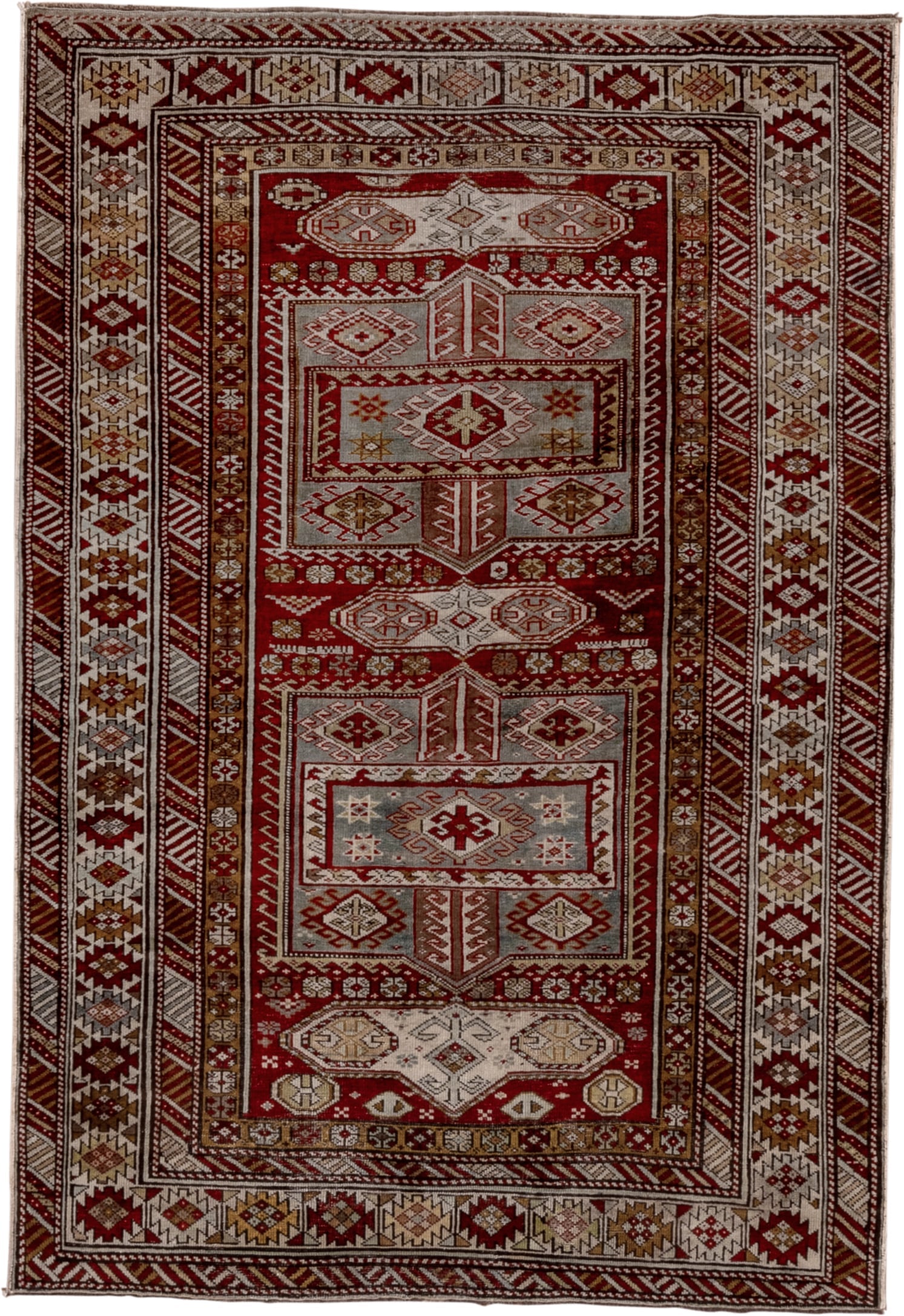 4' x 6' one-of-a-kind handmade antique Shirvan small size rug. Color palette: rust, ivory, burgundy, camel, taupe, gold