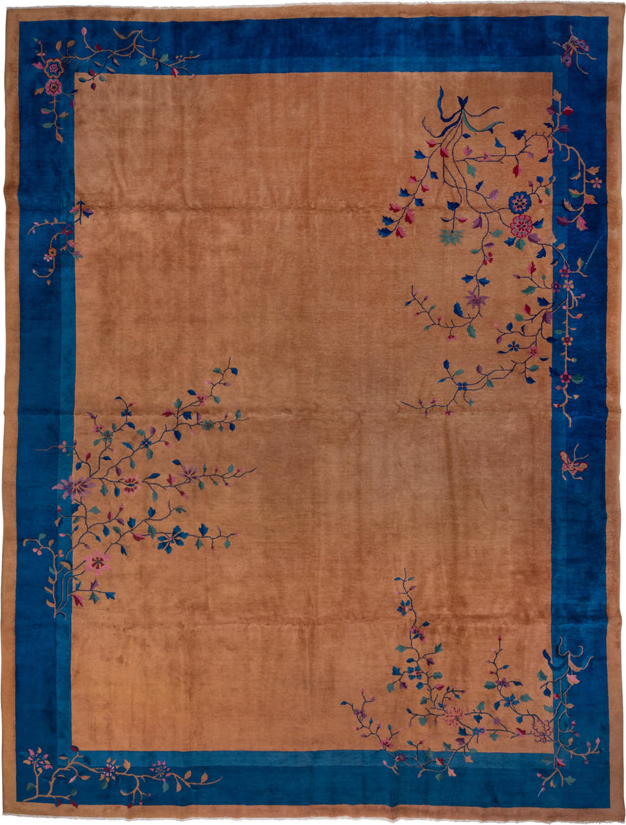 12' x 15' one-of-a-kind handmade antique Chinese oversize rug. Color palette: camel, cobalt, tan, rose, teal, violet