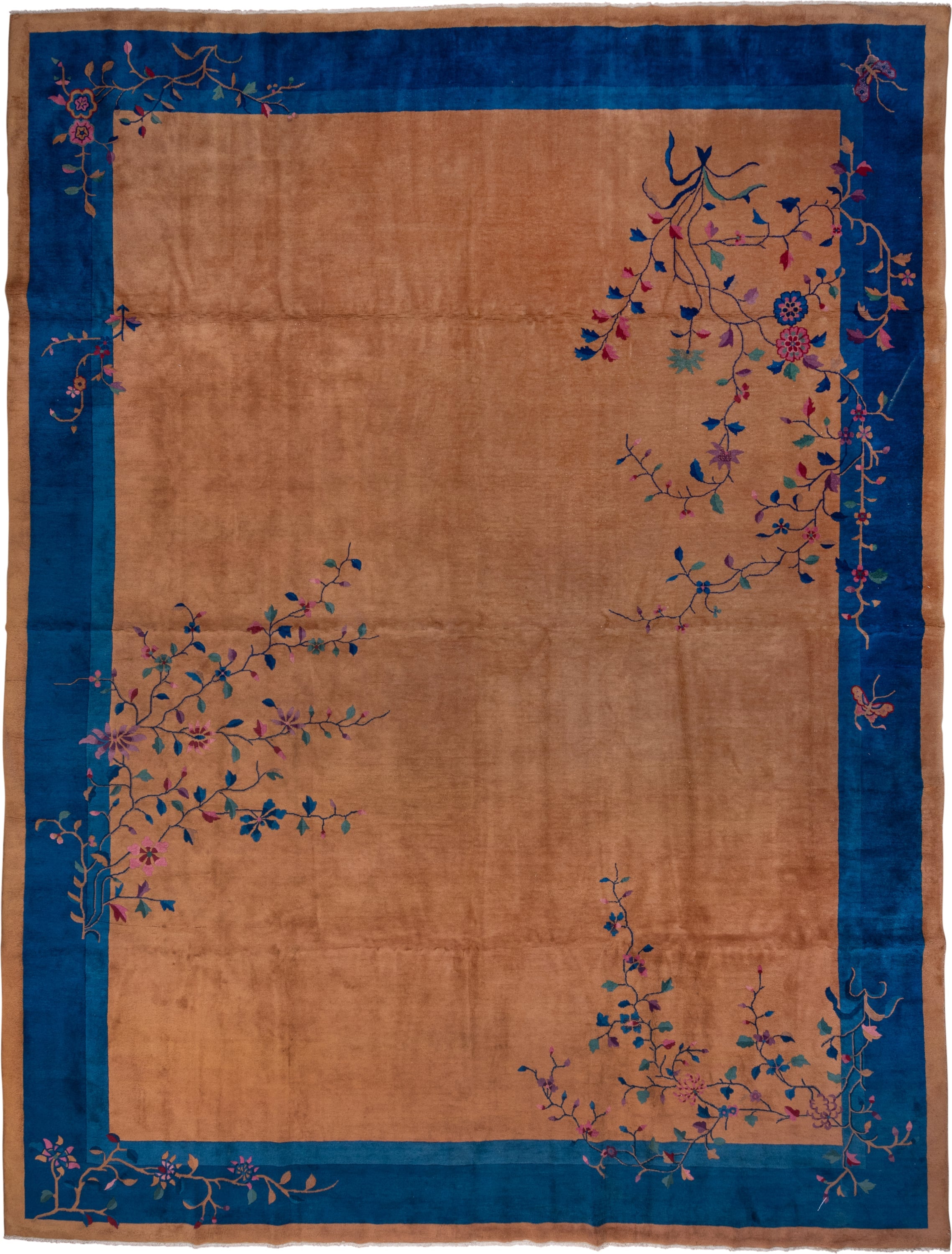 12' x 15' one-of-a-kind handmade antique Chinese oversize rug. Color palette: camel, cobalt, tan, rose, teal, violet