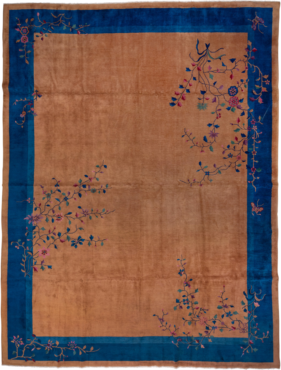 12' x 15' one-of-a-kind handmade antique Chinese oversize rug. Color palette: camel, cobalt, tan, rose, teal, violet
