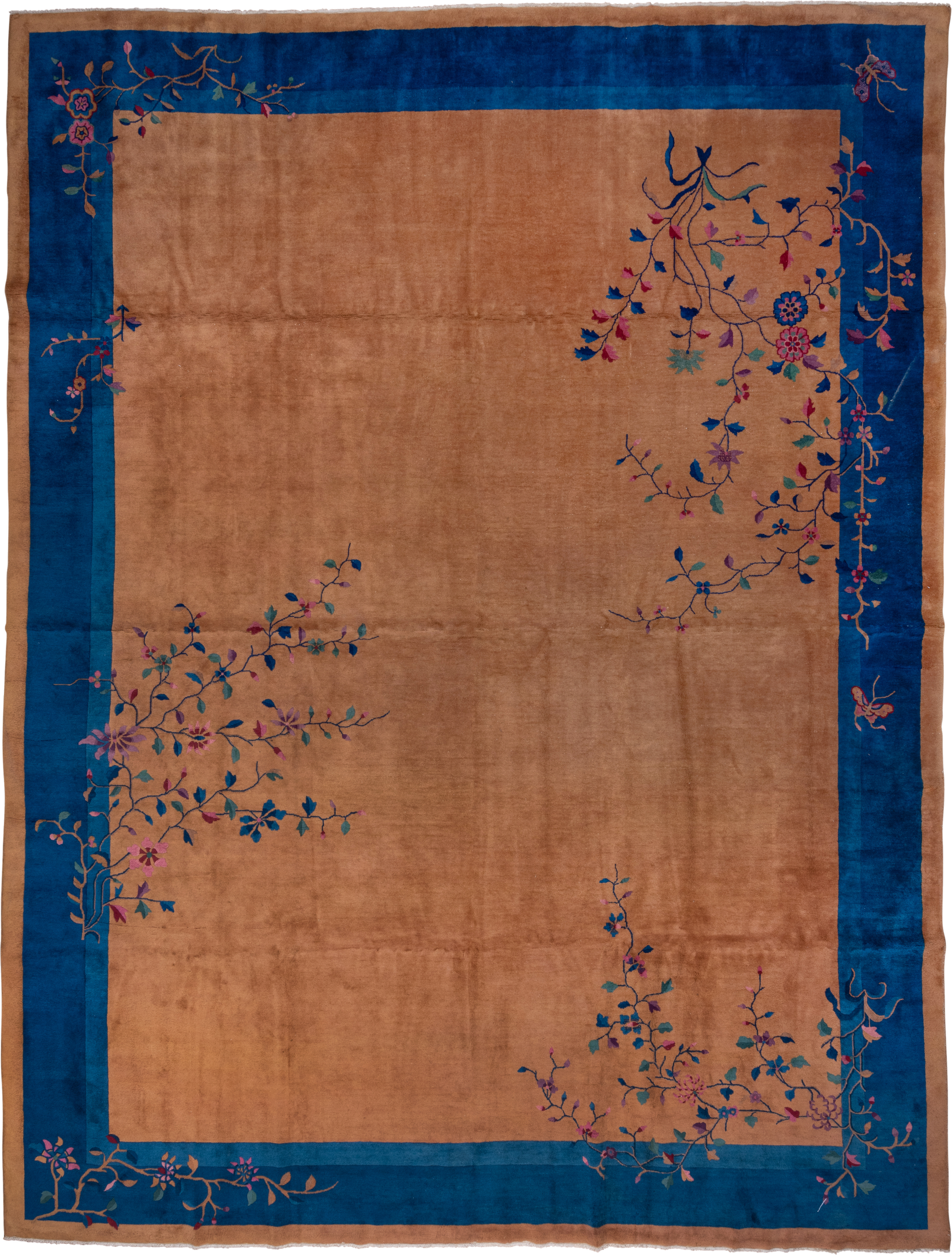 12' x 15' one-of-a-kind handmade antique Chinese oversize rug. Color palette: camel, cobalt, tan, rose, teal, violet