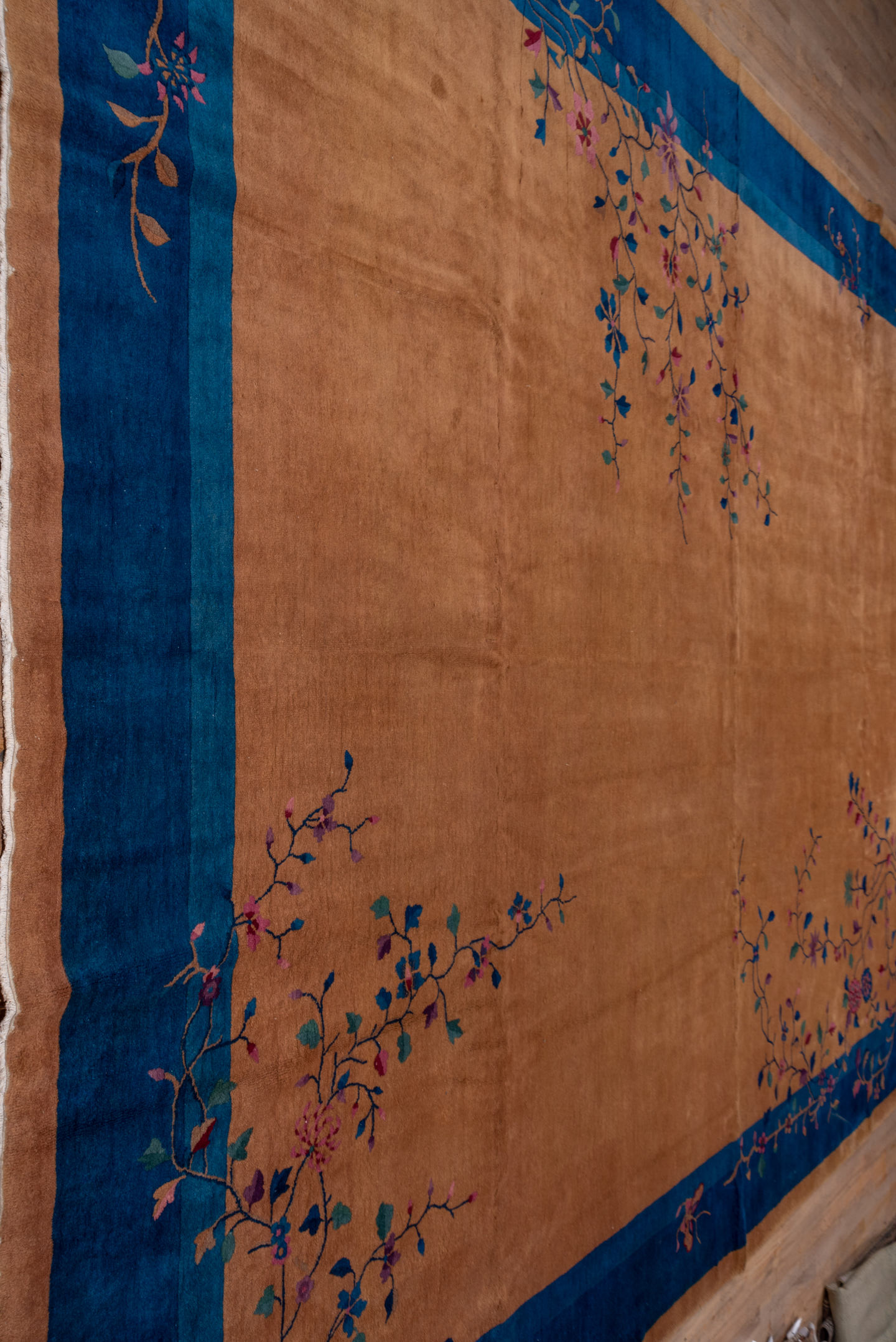 12' x 15' one-of-a-kind handmade antique Chinese oversize rug. Color palette: camel, cobalt, tan, rose, teal, violet