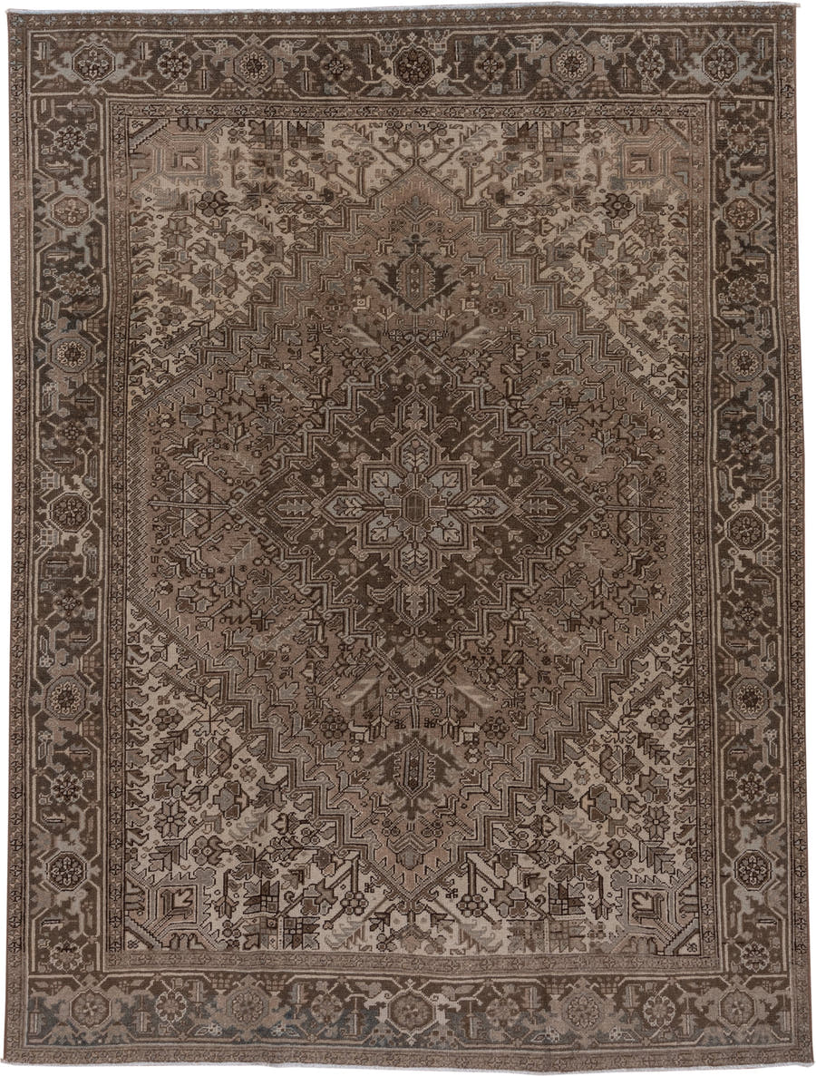 7' x 9' one-of-a-kind handmade vintage Heriz rug. Color palette: taupe, brown, ivory, charcoal, camel, greige, beige, gray