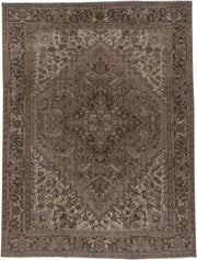 7' x 9' one-of-a-kind handmade vintage Heriz rug. Color palette: taupe, brown, ivory, charcoal, camel, greige, beige, gray