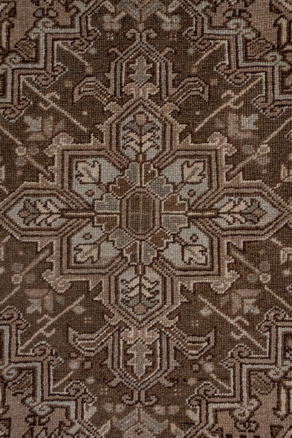 7' x 9' one-of-a-kind handmade vintage Heriz rug. Color palette: taupe, brown, ivory, charcoal, camel, greige, beige, gray