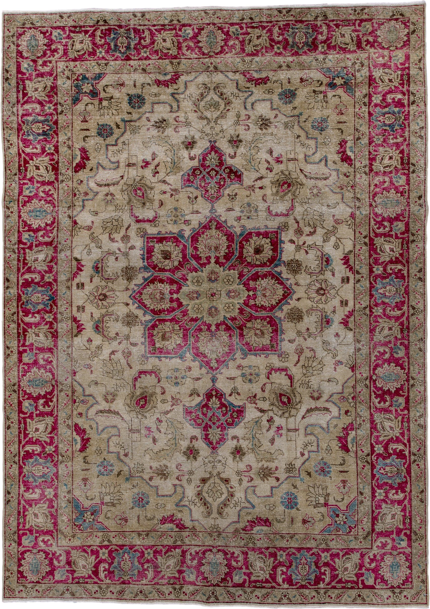 6' x 9' one-of-a-kind handmade antique Tabriz medium size rug. Color palette: ivory, raspberry, taupe, sky_blue, beige
