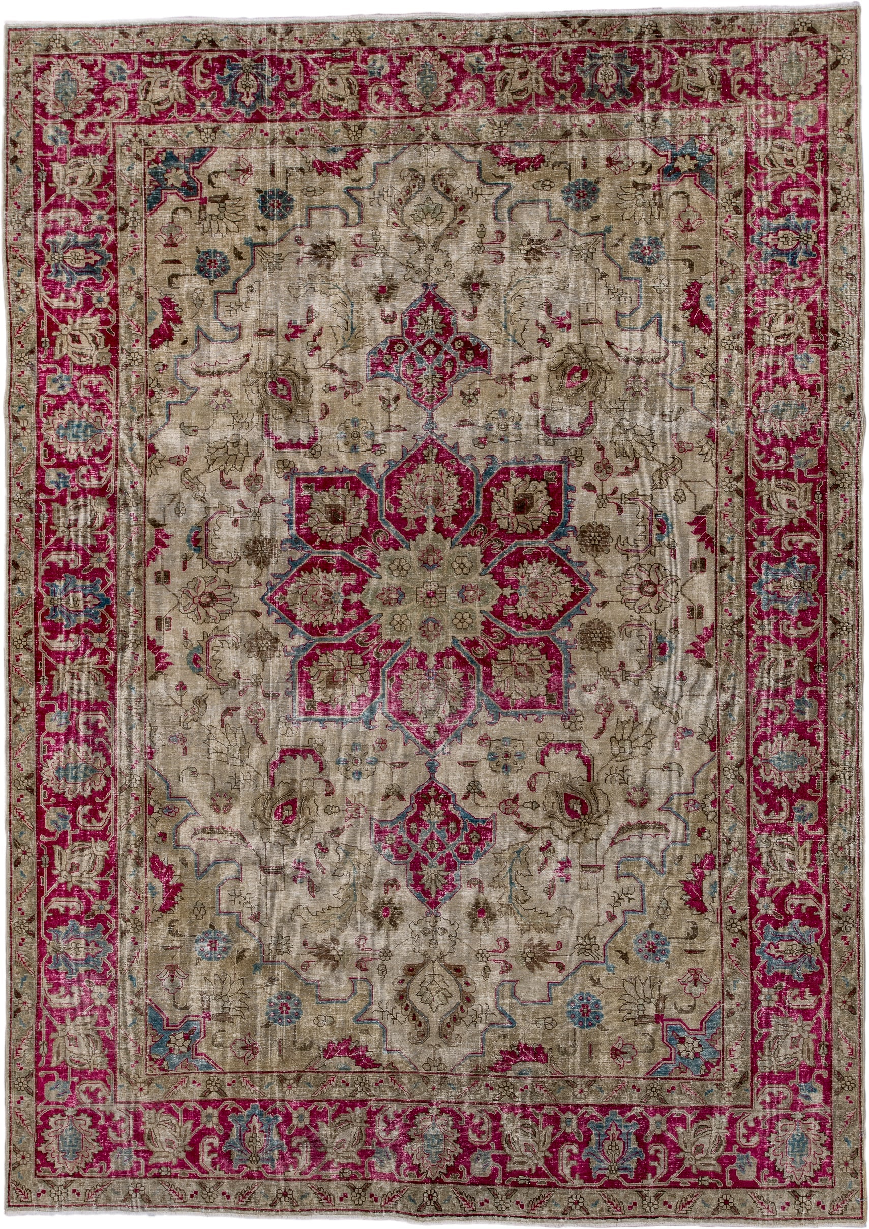 6' x 9' one-of-a-kind handmade antique Tabriz medium size rug. Color palette: ivory, raspberry, taupe, sky_blue, beige