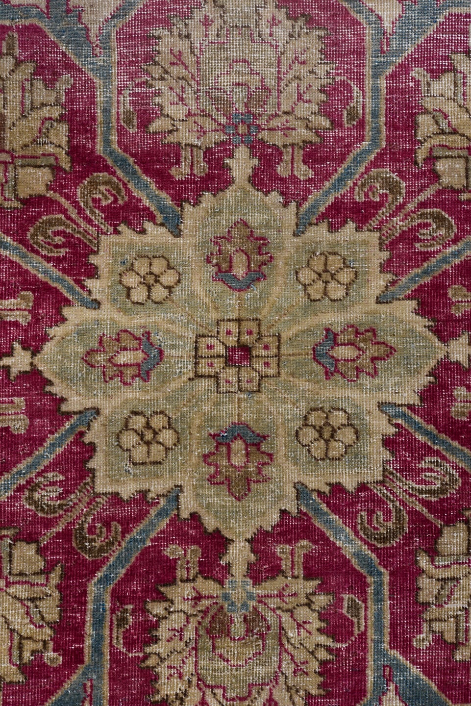 6' x 9' one-of-a-kind handmade antique Tabriz medium size rug. Color palette: ivory, raspberry, taupe, sky_blue, beige