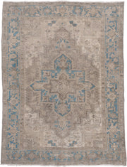 6' x 9' one-of-a-kind handmade antique Heriz medium size rug. Color palette: ivory, taupe, sky blue, beige, camel