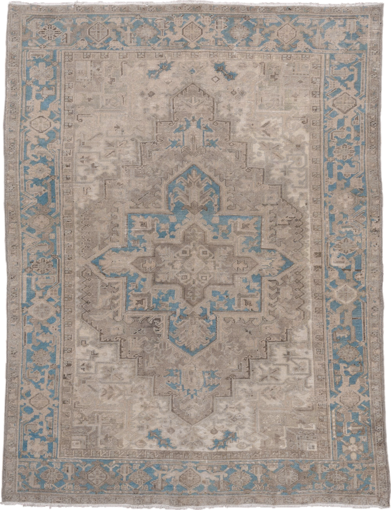 6' x 9' one-of-a-kind handmade antique Heriz medium size rug. Color palette: ivory, taupe, sky blue, beige, camel