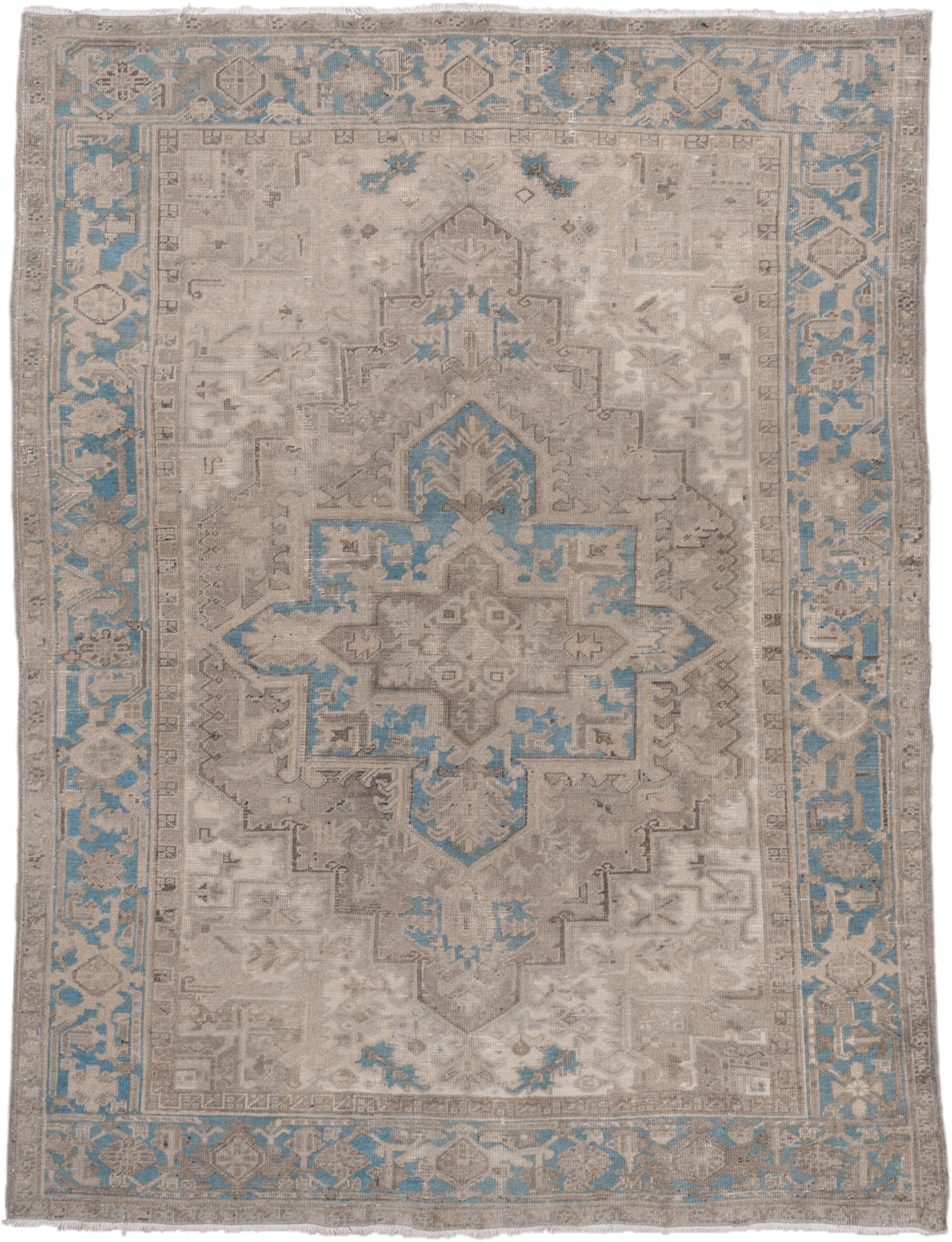 6' x 9' one-of-a-kind handmade antique Heriz medium size rug. Color palette: ivory, taupe, sky blue, beige, camel
