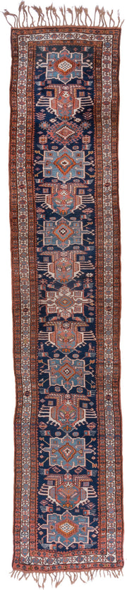 3' x 18' one-of-a-kind handmade antique NW Persian runner rug. Color palette: navy, rust, sky blue, ivory, camel, slate