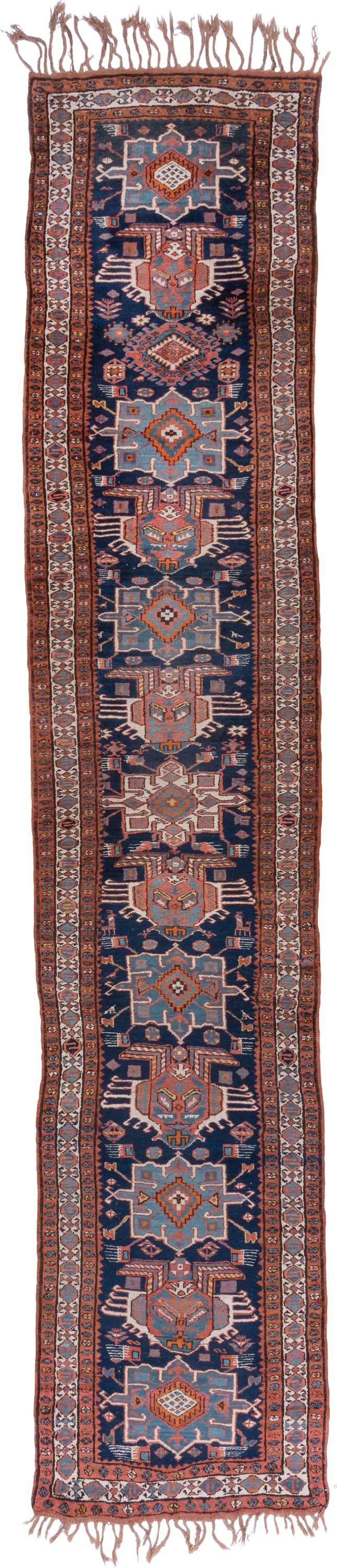 3' x 18' one-of-a-kind handmade antique NW Persian runner rug. Color palette: navy, rust, sky blue, ivory, camel, slate