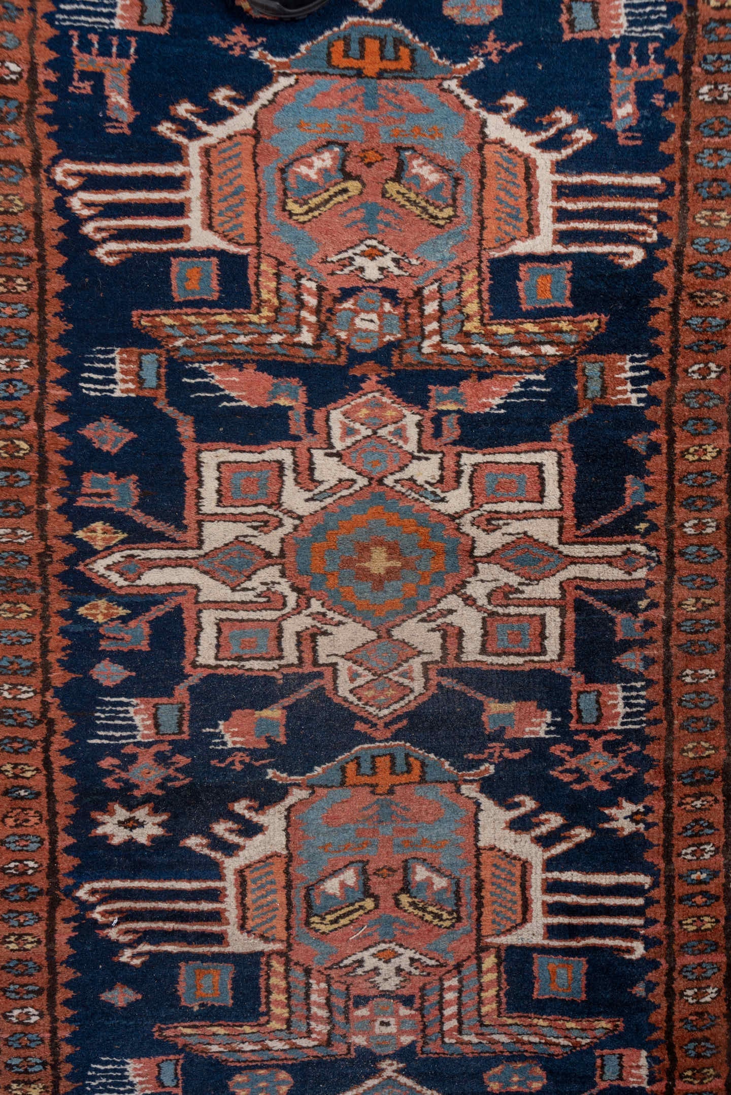 3' x 18' one-of-a-kind handmade antique NW Persian runner rug. Color palette: navy, rust, sky blue, ivory, camel, slate