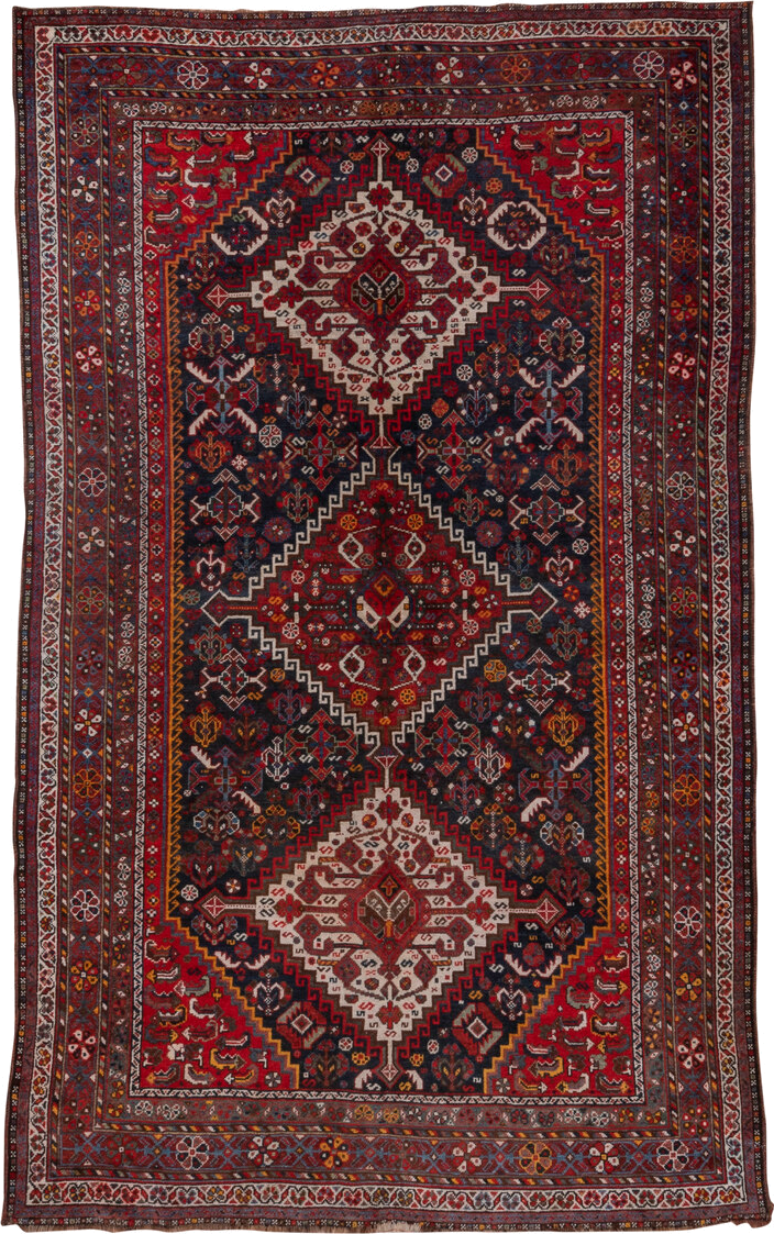 5' x 8' one-of-a-kind handmade antique Shiraz medium size rug. Color palette: red, navy, ivory, rust, burgundy, slate, gold