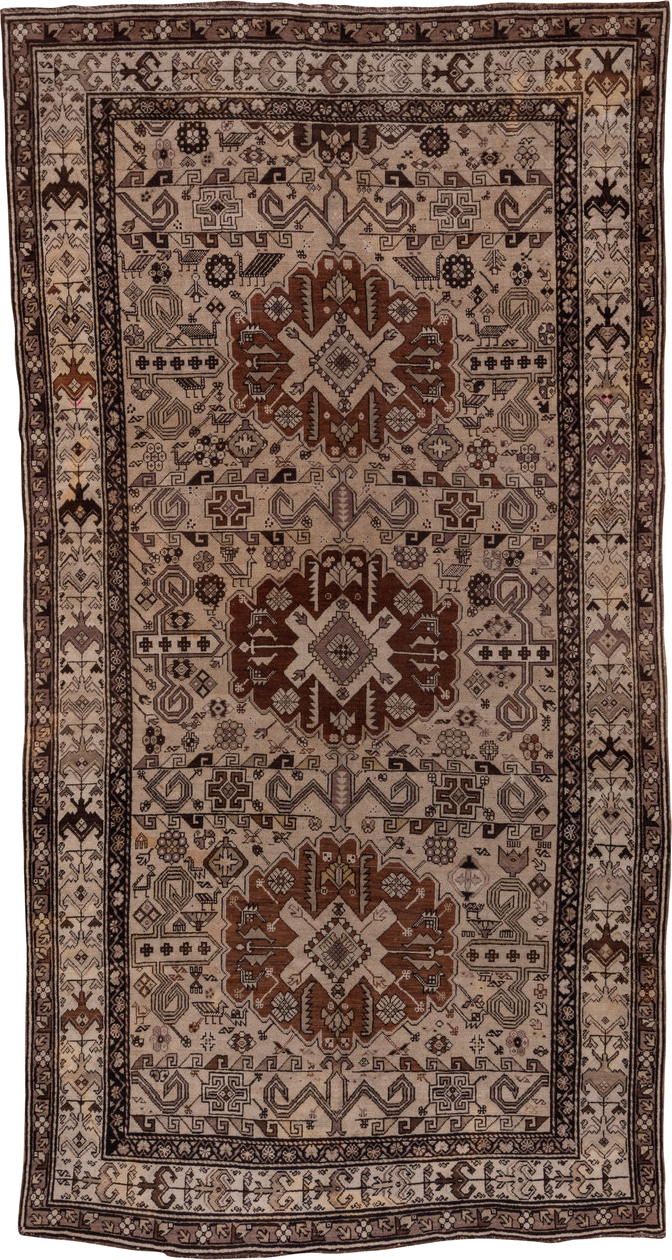 6' x 12' one-of-a-kind handmade antique Karabagh large size rug. Color palette: ivory, brown, rust, taupe, charcoal, camel