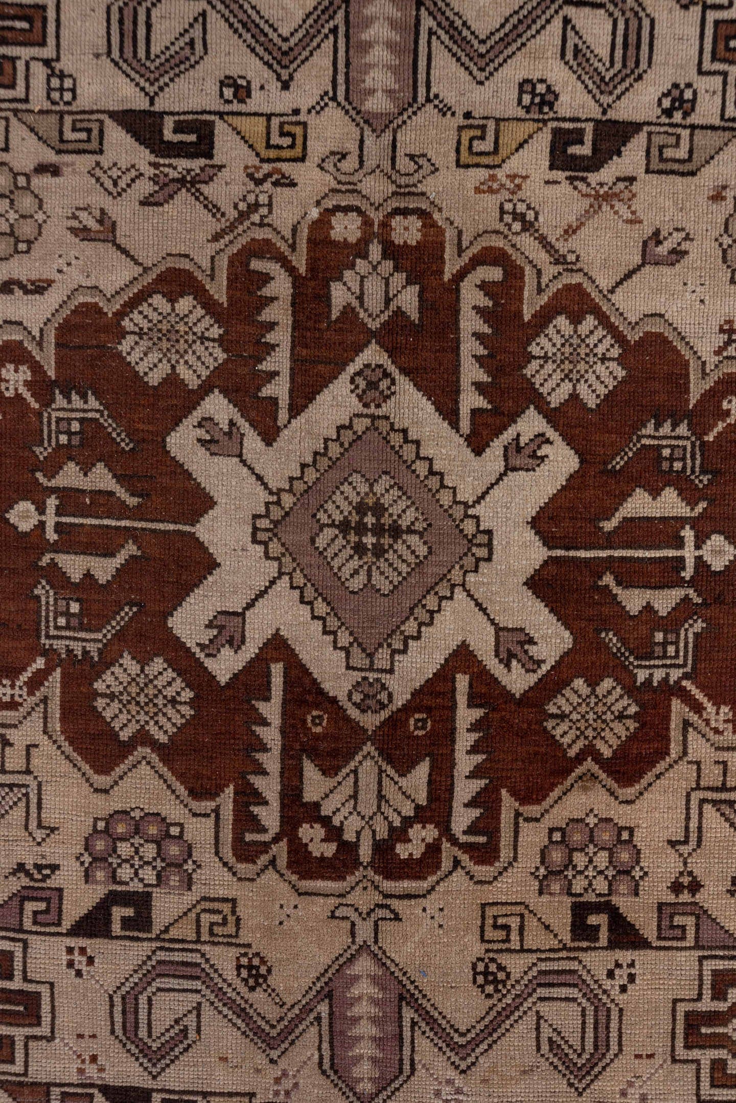 6' x 12' one-of-a-kind handmade antique Karabagh large size rug. Color palette: ivory, brown, rust, taupe, charcoal, camel