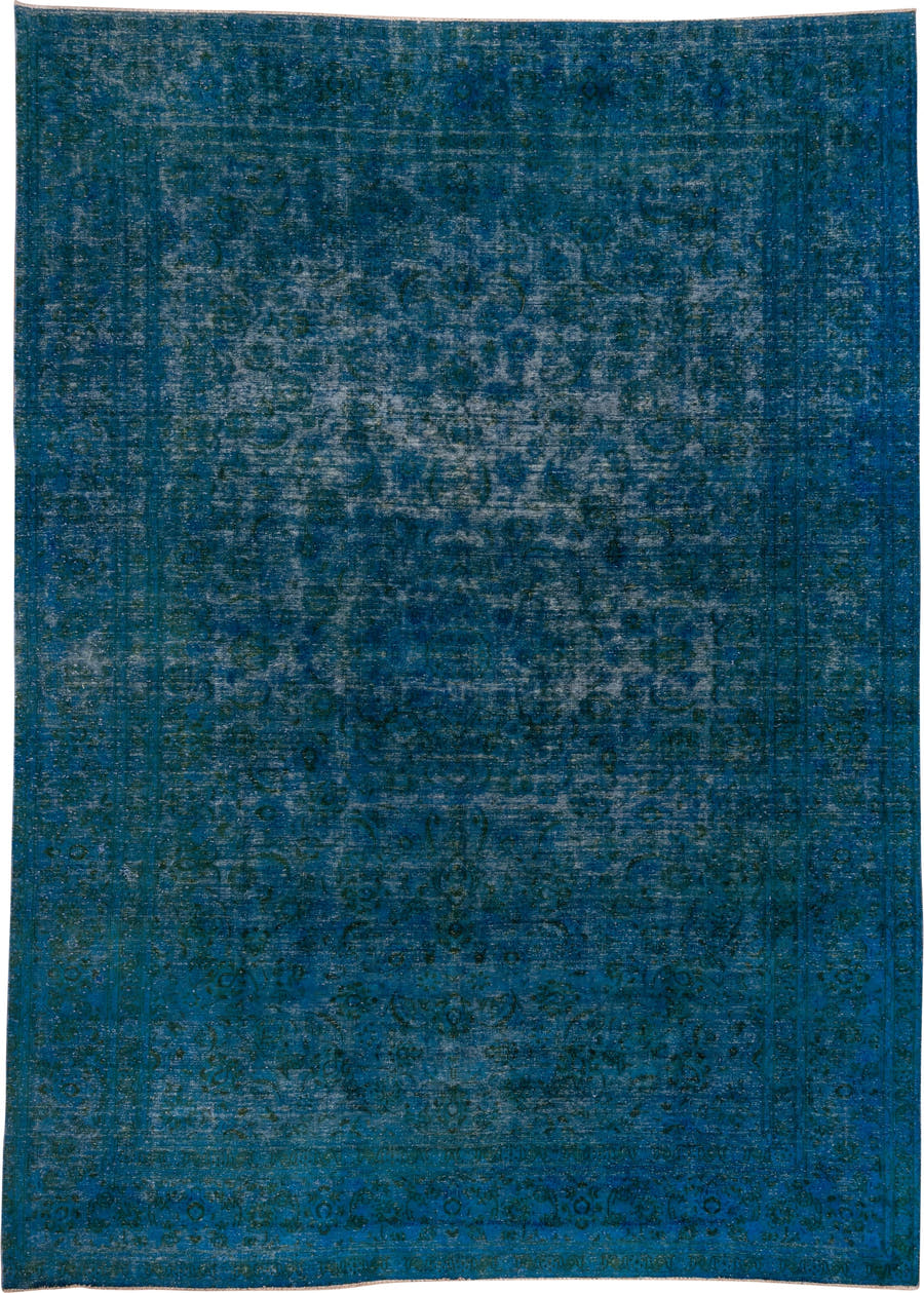 9' x 13' one-of-a-kind handmade antique Overdyed large size rug. Color palette: blue, teal, navy, charcoal, slate, gray