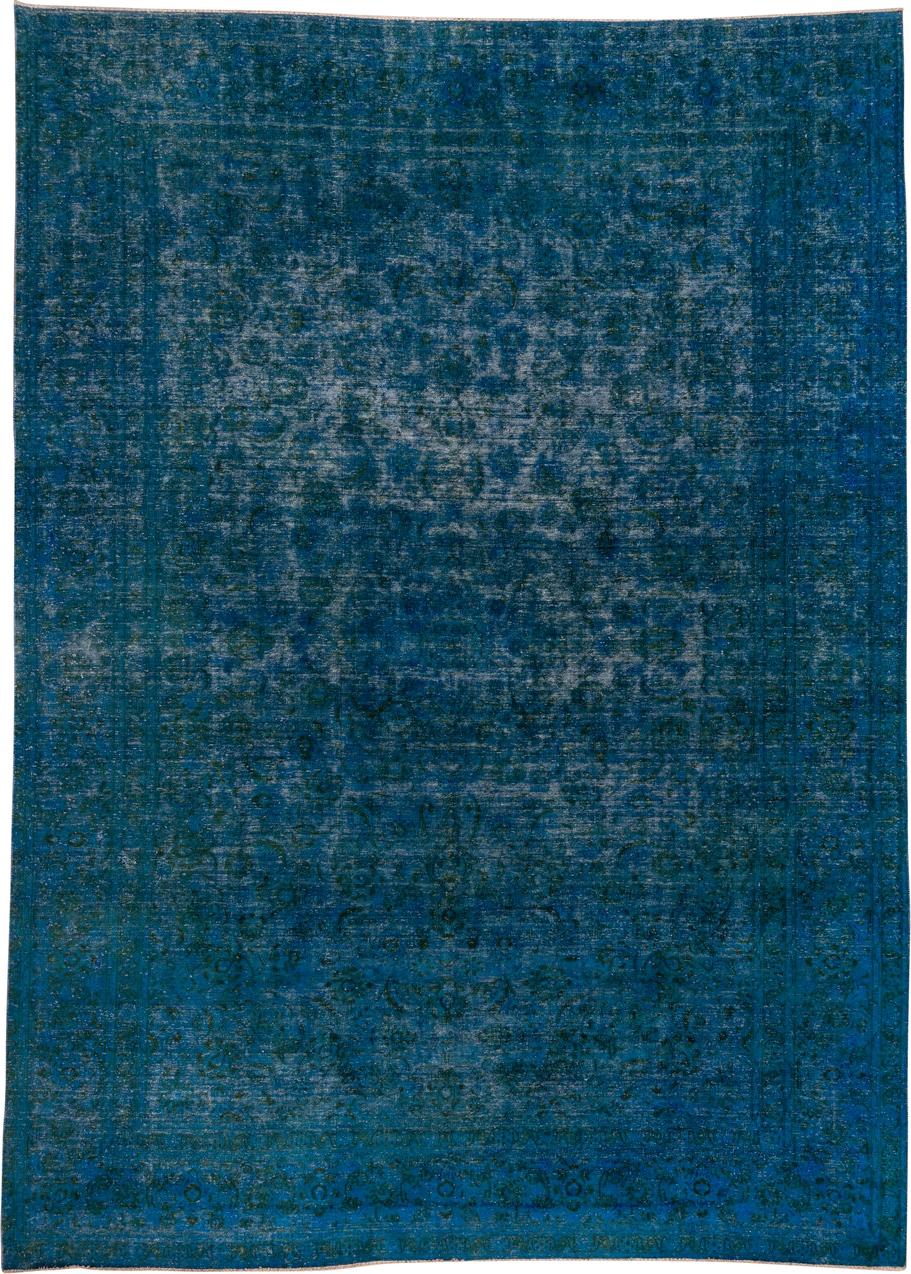 9' x 13' one-of-a-kind handmade antique Overdyed large size rug. Color palette: blue, teal, navy, charcoal, slate, gray