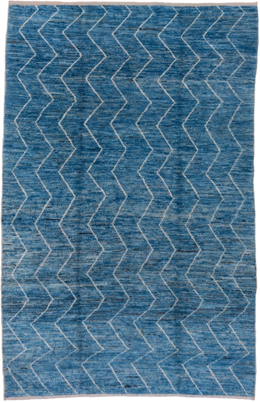 6' x 10' one-of-a-kind handmade vintage Moroccan large size rug. Color palette: blue, ivory, slate, charcoal, gray, black