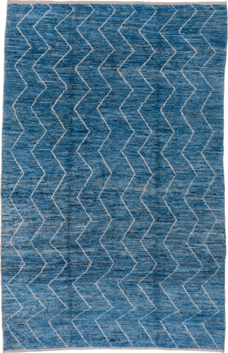 6' x 10' one-of-a-kind handmade vintage Moroccan large size rug. Color palette: arapawa, blue, gray, light blue, light gray