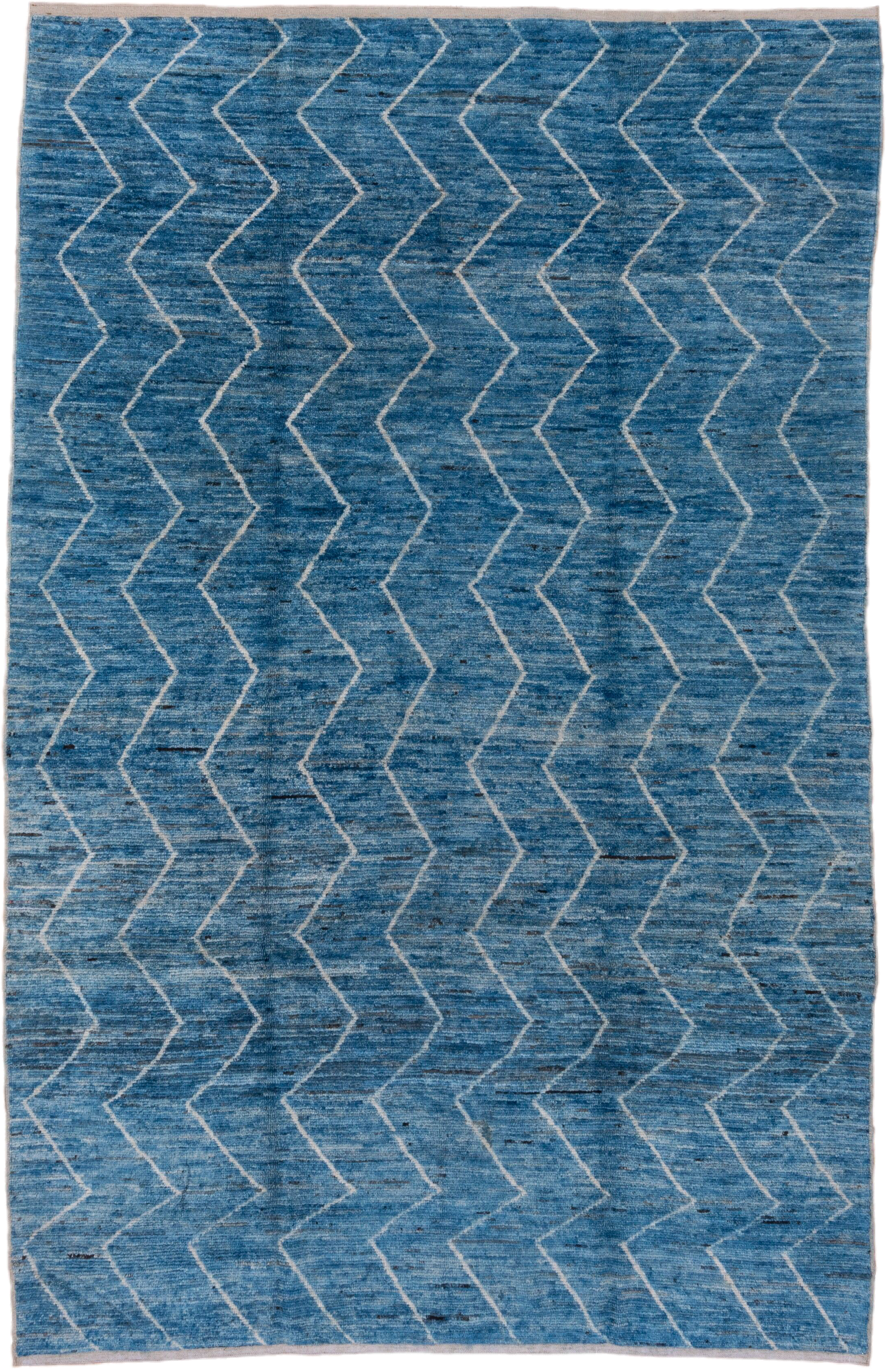 6' x 10' one-of-a-kind handmade vintage Moroccan large size rug. Color palette: blue, ivory, slate, charcoal, gray, black