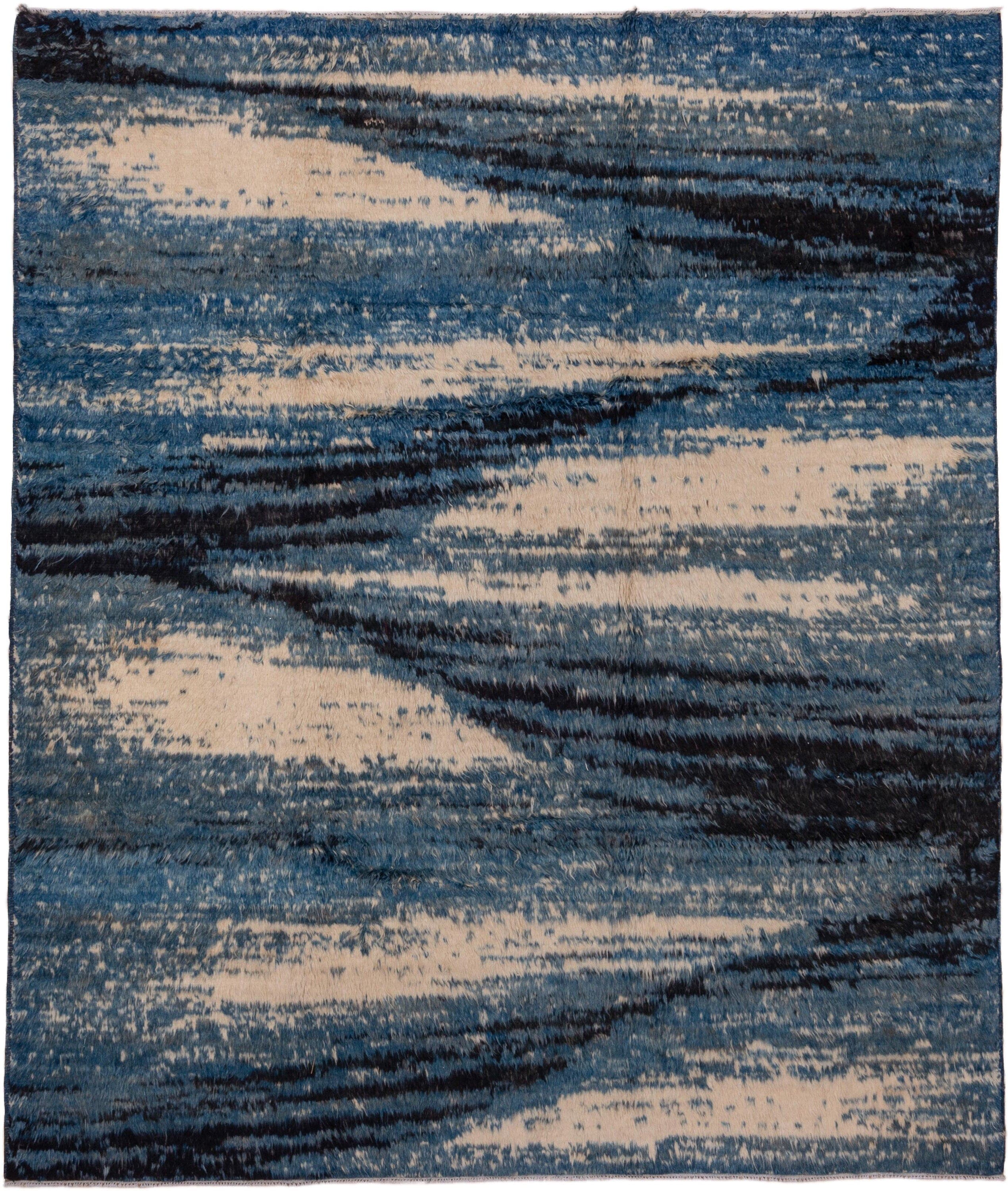 8' x 9' one-of-a-kind handmade vintage Moroccan rug. Color palette: blue, ivory, navy, charcoal, gray, black